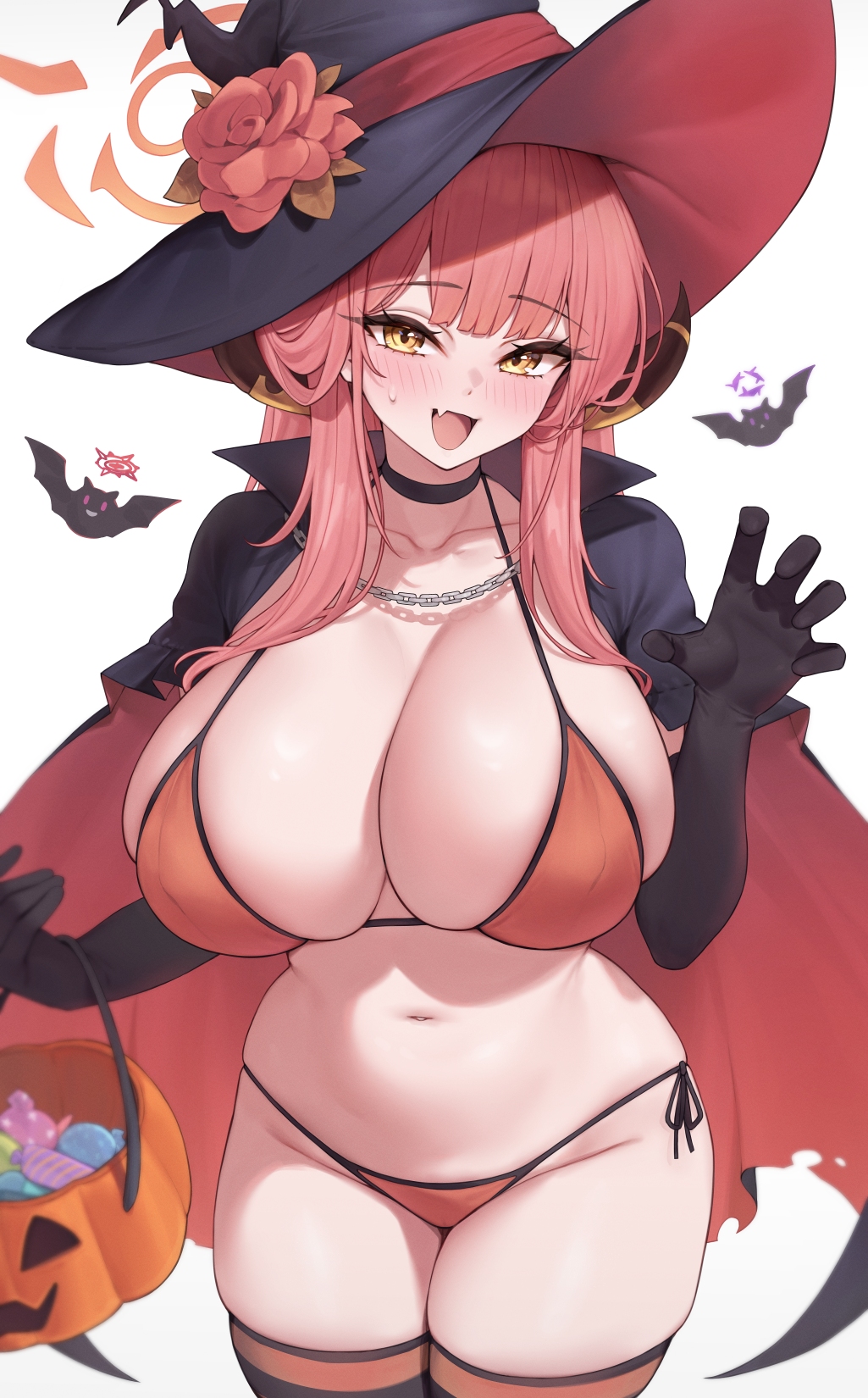 aru (blue archive), bat (animal), bikini, black cape, black choker, black gloves, black hat, black thighhighs, blue archive, blush, breasts, brown horns, candy, cape, choker, cleavage, collarbone, cute fang, elbow gloves, fangs, female, flower, food, gloves, groin, halloween, halloween bucket, halo, haruka (blue archive), hat, hat flower, highres, horns, kuavera, large breasts, long hair, looking at viewer, low horns, mutsuki (blue archive), navel, open mouth, orange bikini, pink hair, pink halo, purple halo, red cape, red flower, red halo, red hat, red rose, rose, shirt, side-tie bikini, simple background, skin fang, skindentation, smile, solo, stomach, sweatdrop, swimsuit, thighhighs, thighs, two-sided cape, two-sided fabric, two-tone cape, white background, witch hat, wrapped candy, yellow eyes, yellow horns