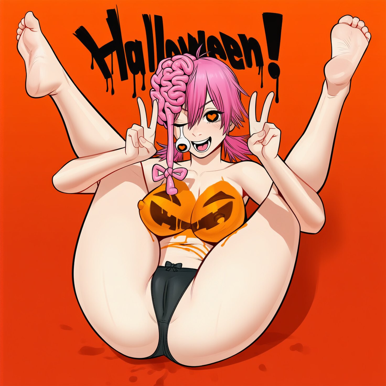 ai assisted, ai generated, bow panties, brain, breasts, chainsaw man, cosmo (chainsaw man), feet, feet up, female, heart eyes, kokenaart, nipples, painted breasts, panties, pumpkin, pumpkin boobs, smile, solo, tongue, topless