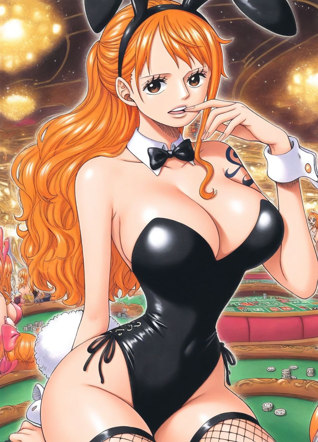 1girls, accurate art style, ai generated, arm tattoo, big breasts, biting own finger, blue tattoo, breasts, brown eyes, bunny ears, bunny tail, bunnysuit, casino, cleavage, cuffs (clothing), fake animal ears, female, female only, fishnet stockings, fishnets, flirting, ginger, ginger hair, hair tied, hourglass figure, latex, latex clothing, long hair, long legs, looking at viewer, manga style, nami (one piece), one piece, orange hair, orange-haired female, slim waist, tattoo, teasing