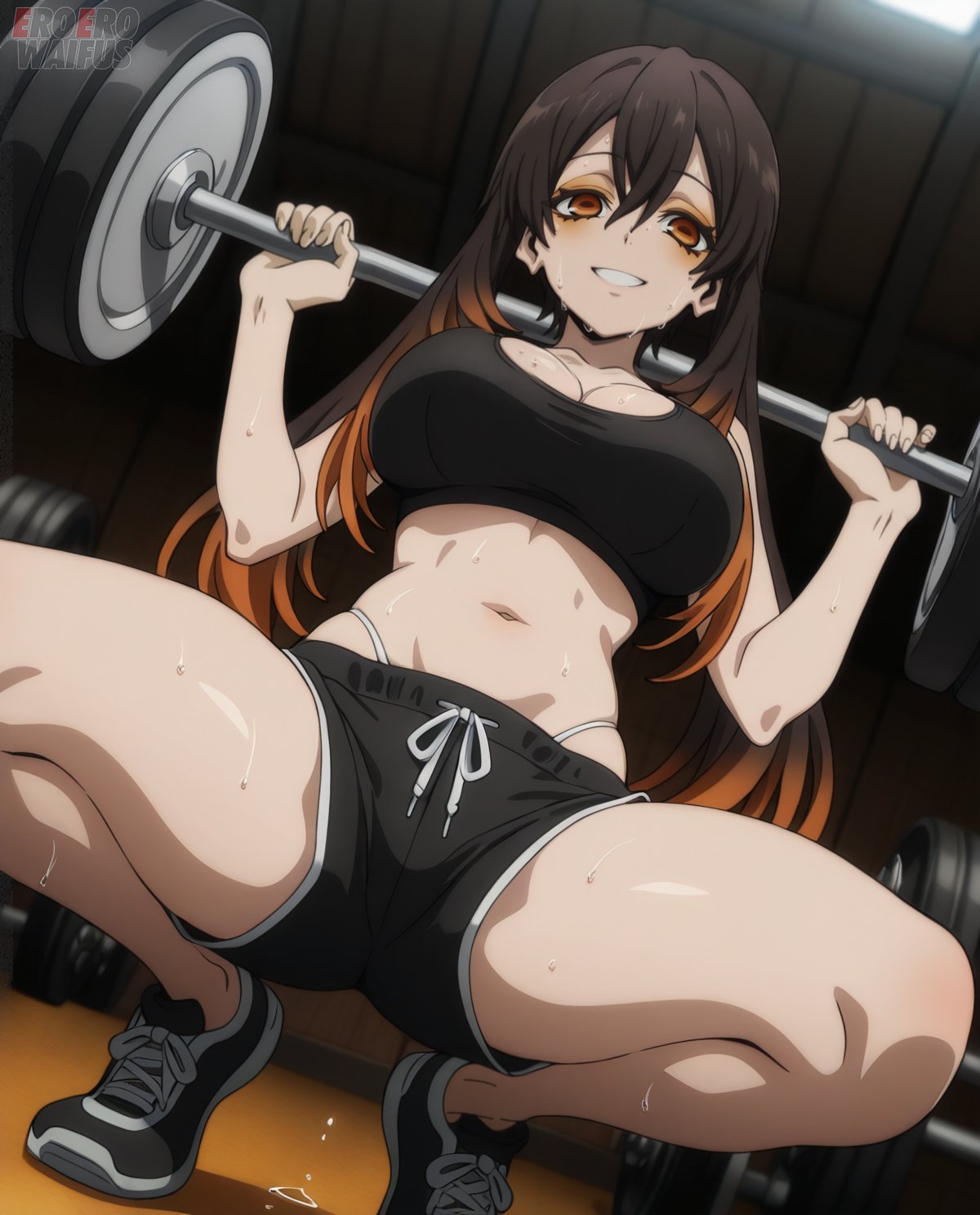 ai generated, amo empool, athletic female, bare thighs, breasts, brown hair, eroero waifus, female, gachiakuta, gigantic breasts, gym clothes, gym shorts, huge breasts, huge thighs, light skin, light-skinned female, long hair, looking down, low-angle view, massive breasts, multicolored hair, orange eyes, smiling, solo female, squatting, sweat, sweatdrop, tank top, thick body, thick female, thick thighs, thighhighs, thighs, voluptuous, voluptuous female, workout