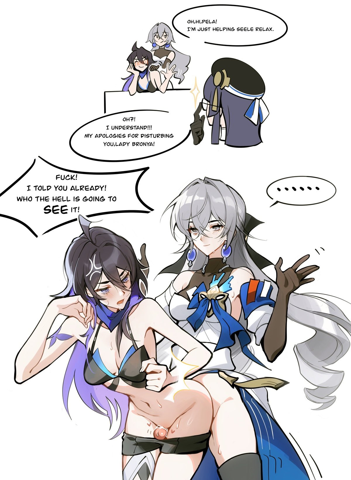 almost caught, annoyed, annoyed expression, annoyed face, blush, bronya rand, clothed, clothed sex, clothes, clothing, cum, dickgirl, dominant female, female, female focus, female penetrated, fucked from behind, fustrated, futa on female, futa with female, futanari, gloves, honkai (series), honkai: star rail, intersex, larger female, long hair, mie xing, no panties, pants, pants down, pela (honkai: star rail), penis, pussy, sakana12767306, seele (honkai: star rail), shorter female, smaller female, standing sex, submissive female, taller female, thigh sex, thighs