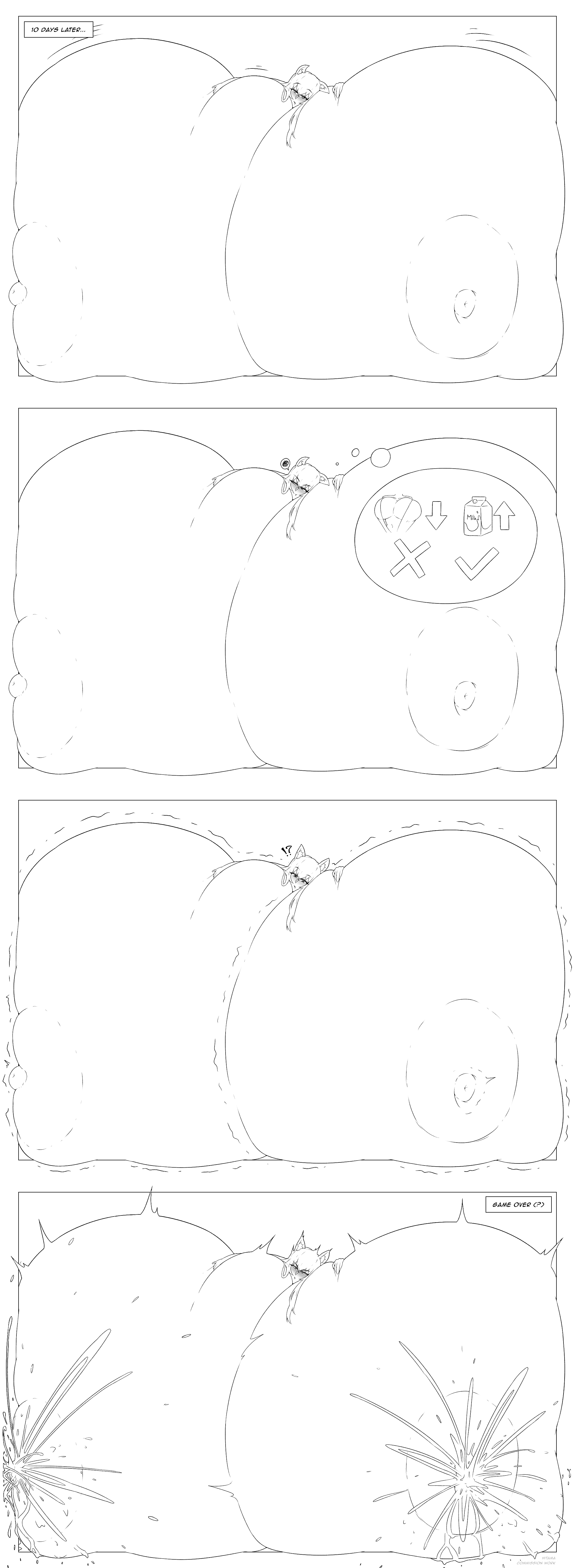 1girls, areolae, belly, belly button, big ass, breast expansion, breasts, breasts bigger than body, cat ears, colossal breasts, comic, female, hitama, hyper, hyper breasts, lactating, lactation, milk, nipples, original, original character, room filling, textless, torn clothes, underboob