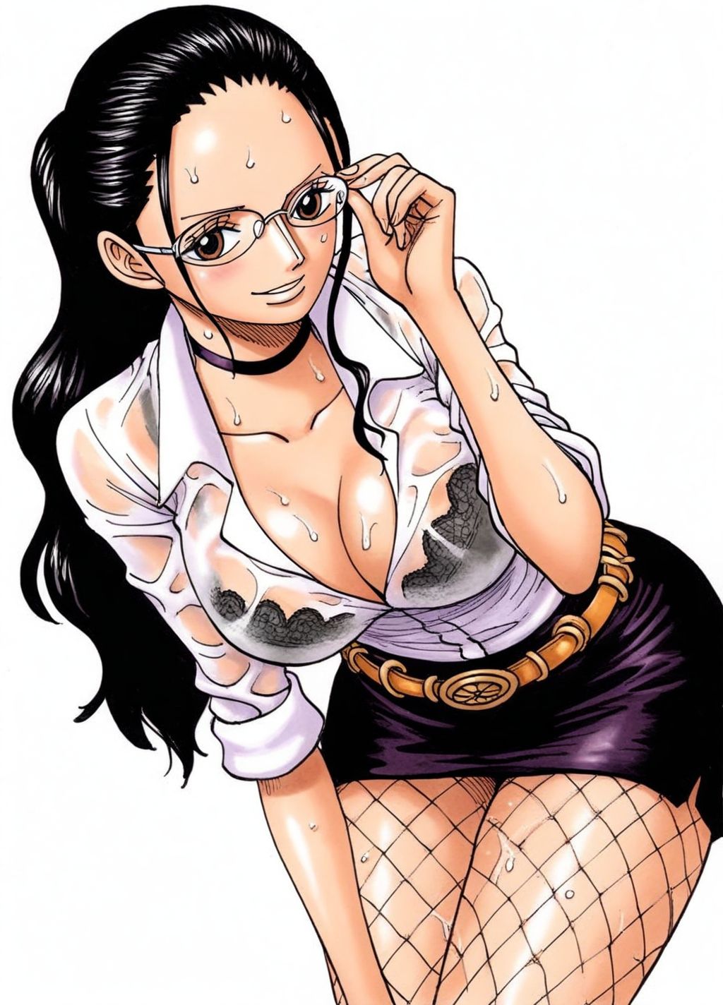 1girls, accurate art style, ai generated, belt, bending forward, big breasts, black hair, black-haired female, bra, bra visible through clothes, breasts, brown eyes, busty, busty female, choker, dark hair, female, female only, fishnet pantyhose, fishnet stockings, fishnets, glasses, highres, holding glasses, hourglass figure, lace-trimmed bra, long hair, looking at viewer, manga style, nico robin, one piece, pantyhose, ponytail, see-through clothing, short skirt, simple background, skirt, slim waist, wet body, wet clothes, white background