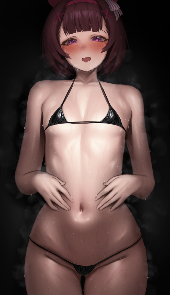 1girl, 1girls, bare arms, bare shoulders, bikini, black bikini, blush, breasts, female, lewd, light-skinned female, nishino flower (umamusume), nov1527, short hair, small breasts, stomach, sweaty, sweaty body, umamusume, umamusume pretty derby, wet