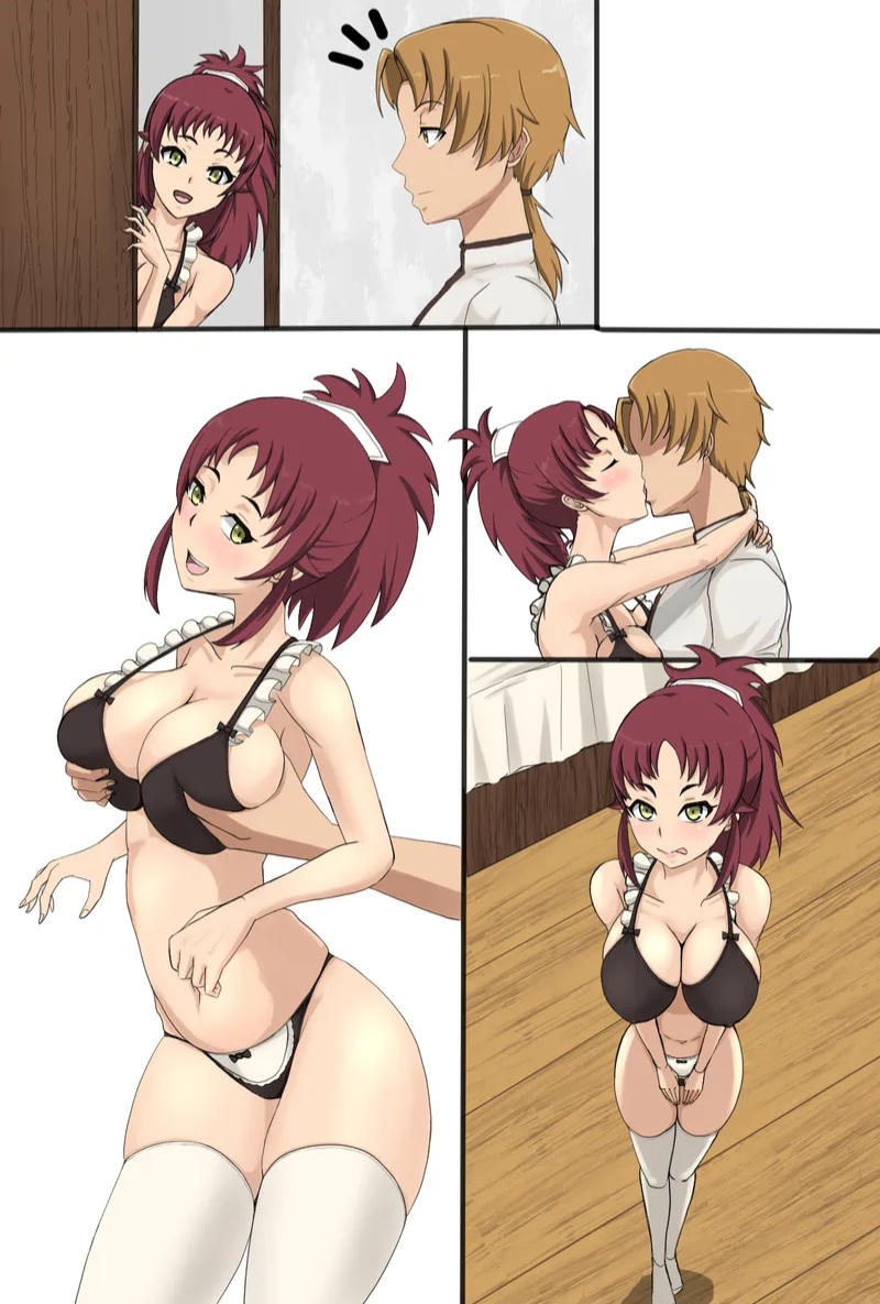 aged up, aisha greyrat, big breasts, bikini, blonde hair, brother, brother and sister, green eyes, groping, groping breasts, groping from behind, incest, kissing, licking lips, maid headdress, mushoku tensei, mushoku tensei: isekai ittara honki dasu, older brother, older brother and younger sister, red hair, rudeus greyrat, siblings, sister, thighhighs, underwear, underwear only, younger sister