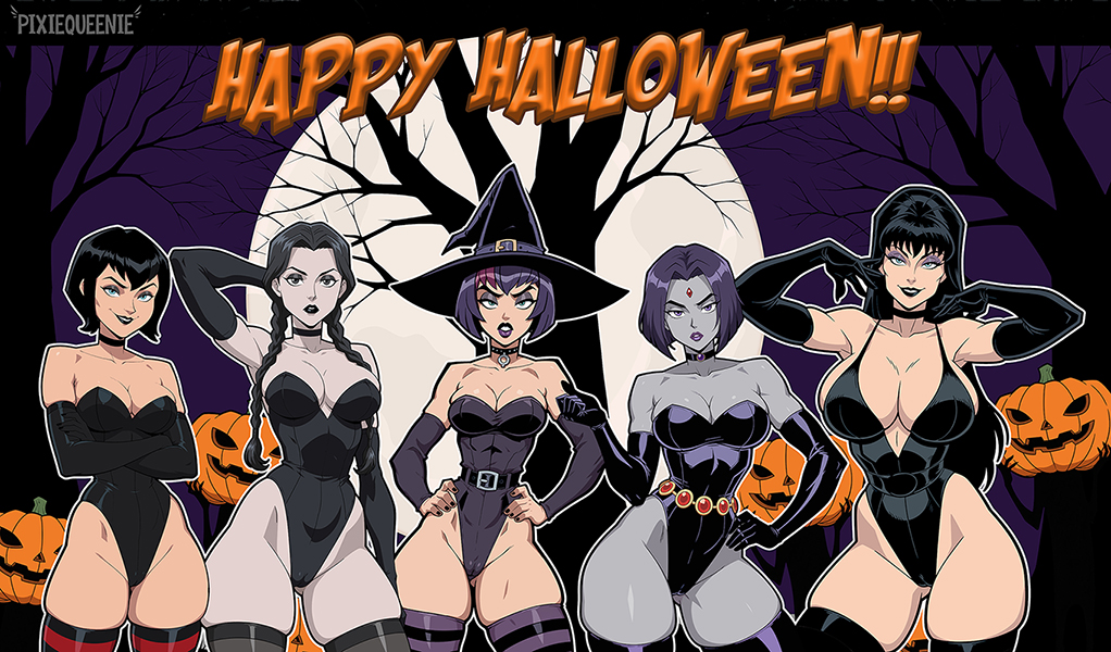 5girls, ass, aunt morgana talbot, big ass, big breasts, big thighs, black hair, breasts, bust, busty, cambion, cameltoe, chest, crossover, curvaceous, curvy, curvy figure, dark hair, dc, dc comics, demon, demon girl, digital media (artwork), elvira, elvira: mistress of the dark, female, goth, goth girl, grey body, grey skin, grey-skinned female, half demon, half-demon, hips, hotel transylvania, hourglass figure, huge ass, huge breasts, huge thighs, humanoid, large ass, large breasts, large thighs, legs, light skin, light-skinned female, mature, mature female, mavis dracula, multiple females, multiple girls, original, original character, pale skin, pale-skinned female, pixiqueenie, purple hair, queenie (pixiqueenie), rachel roth, raven (dc), slim waist, sorceress, teen titans, the addams family, thick, thick hips, thick legs, thick thighs, thighs, vampire, vampire girl, vampiress, voluptuous, waist, wednesday (netflix), wednesday addams, wide hips, wide thighs