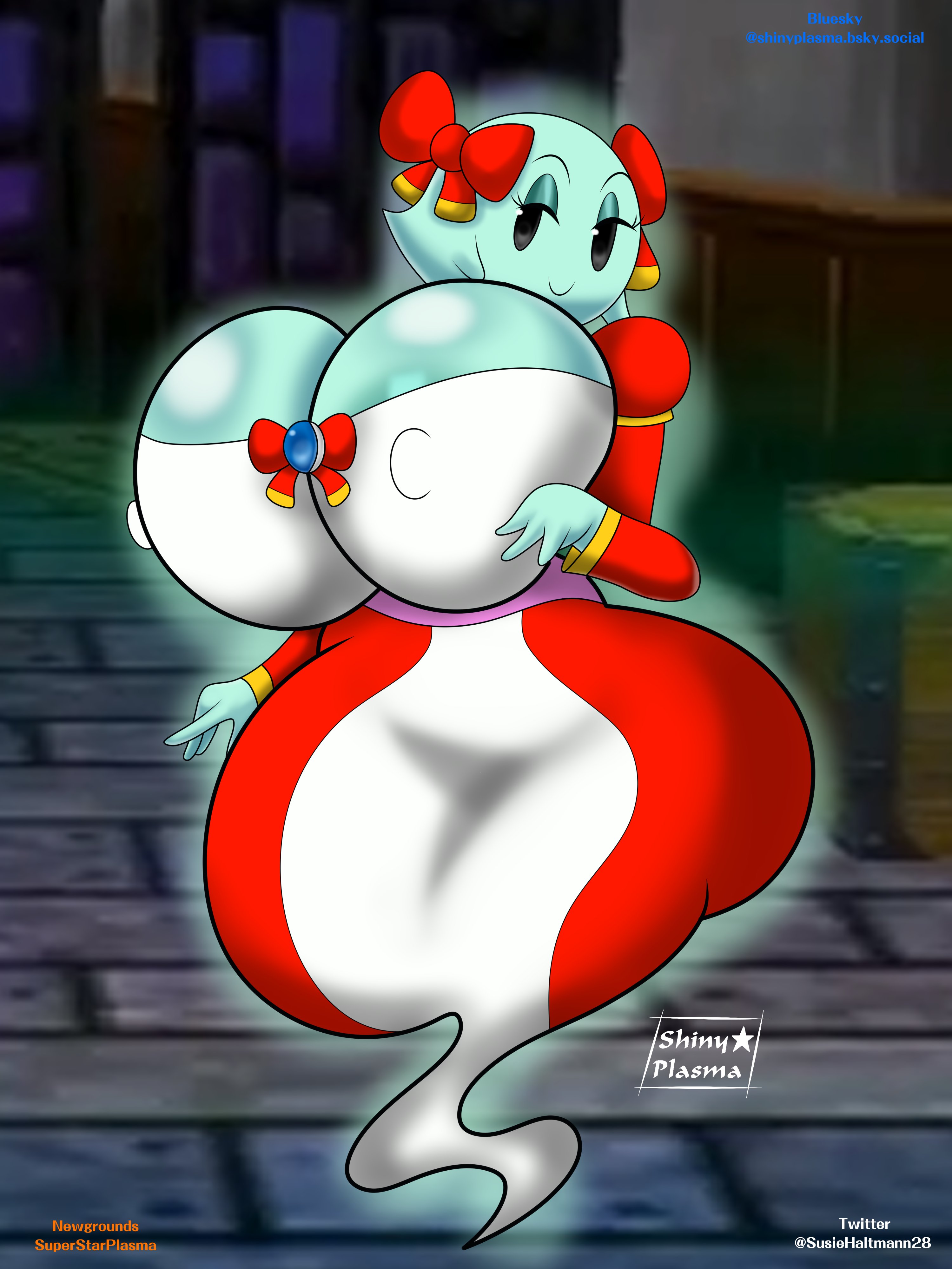 1girls, alternate version available, big ass, big breasts, boo (mario), breasts, curvy, curvy figure, female, female only, full body, ghost girl, hyper, hyper breasts, lady bow, lady bow with a body, mario (series), paper mario, solo, solo female, superstarplasma, tansau