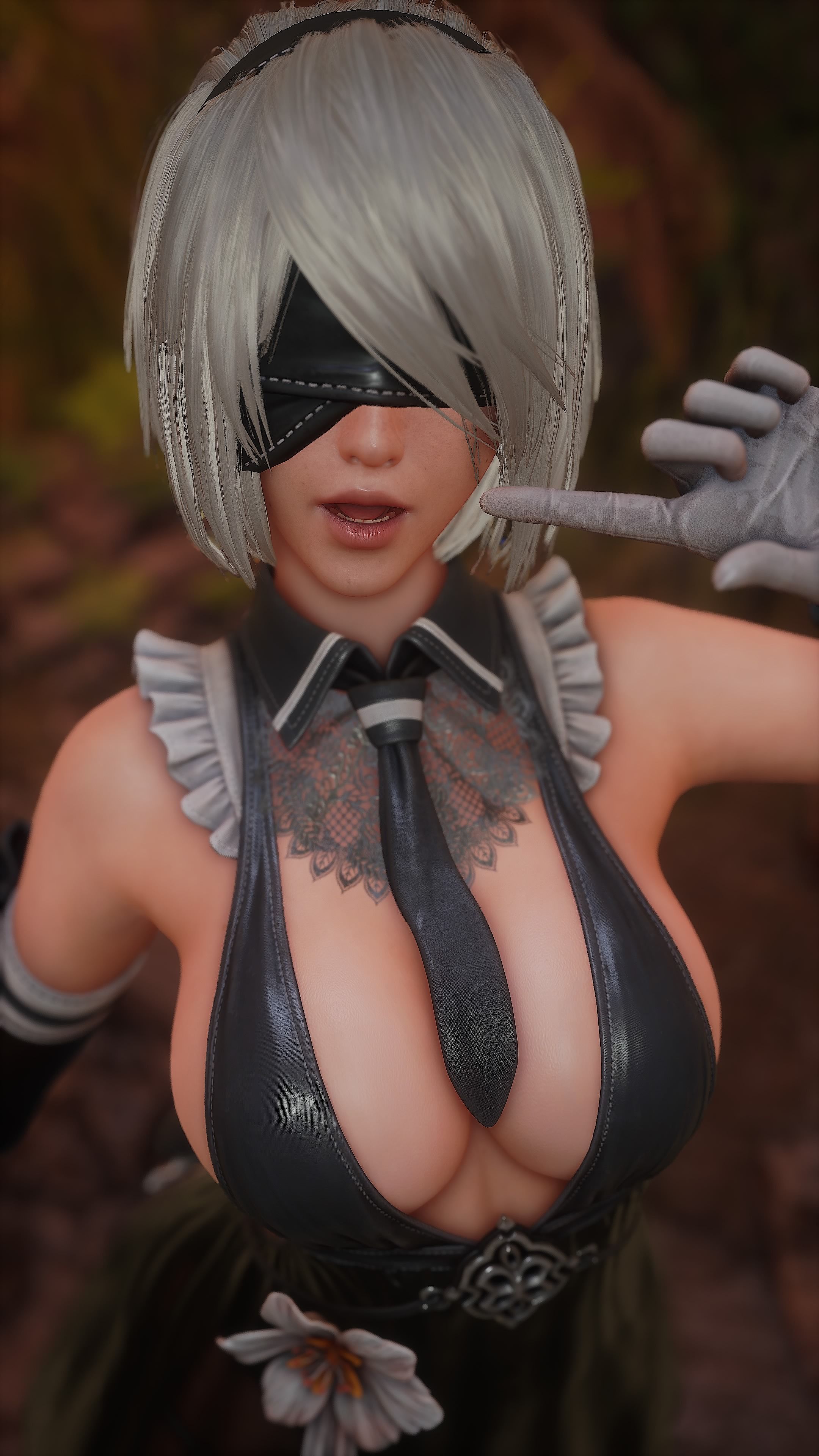 1girls, 3d, 9:16, big breasts, blindfold, breasts, cosplay, eve (stellar blade), female, female only, large breasts, nier, nier (series), nier: automata, stellar blade, white hair, yorha 2b (cosplay)