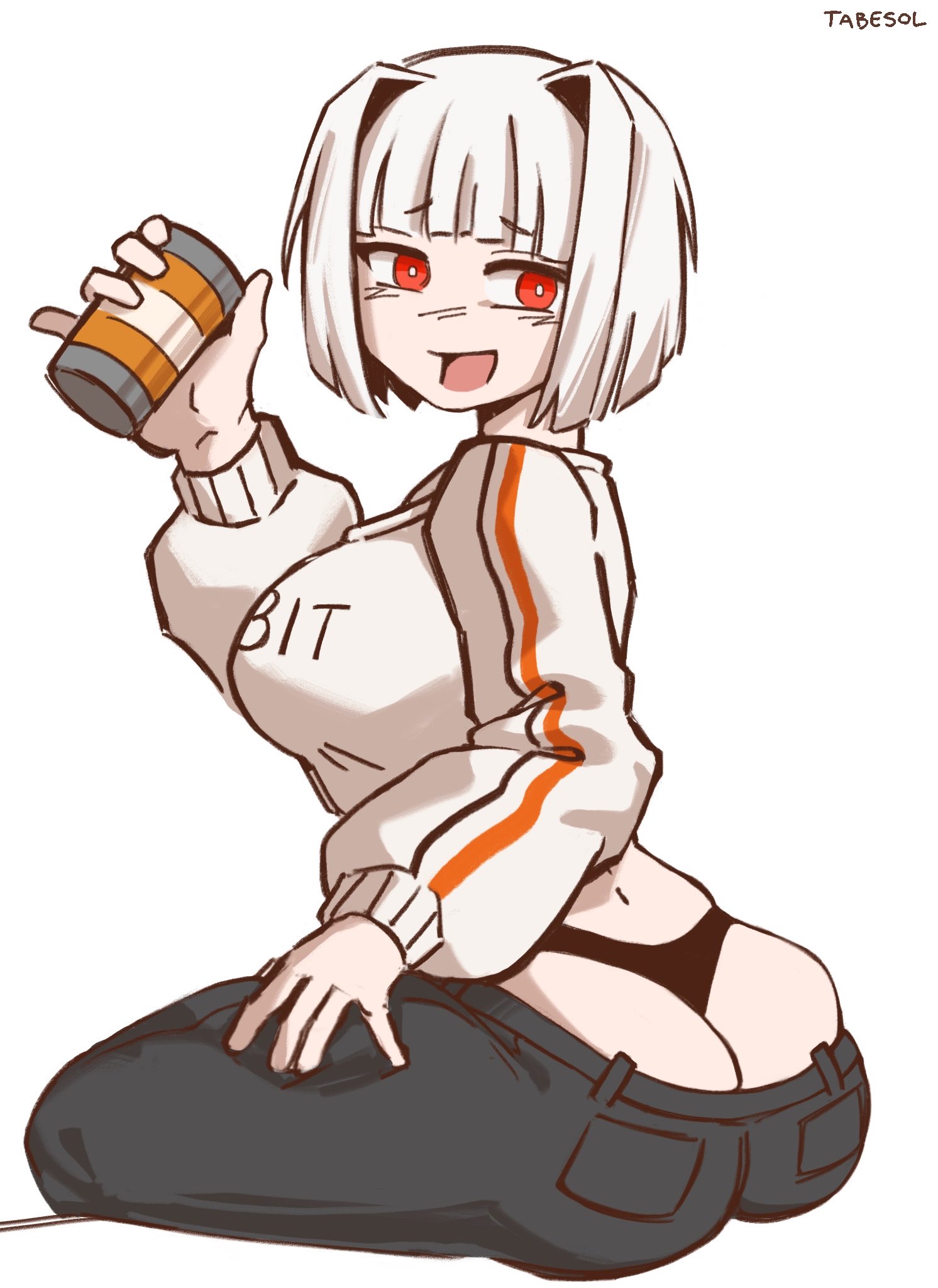 behind view, big ass, big breasts, breasts, drink, female, lobotomy corporation, myo (lobotomy corporation), panties, pants down, project moon, red eyes, underwear, white hair