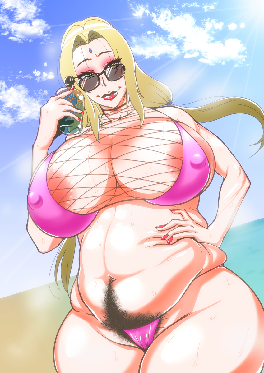 1girls, alternate version available, areola slip, bare shoulders, beach, big breasts, bikini, bikini bottom, bikini top, bimbo, black pubic hair, blonde hair, breasts, brown eyes, busty, chubby, cleavage, curvy, detailed background, erect nipple, erect nipples, excessive pubic hair, eyelashes, eyeshadow, fat, female, female only, female pubic hair, forehead jewel, front view, g-string, glasses, hand on hip, hands on hip, hands on hips, happy trail, holding object, human, lipstick, long hair, looking at viewer, makeup, mature, midriff, nail polish, naruto, naruto (series), nipple bulge, nipples, outdoors, outside, pose, posing, pregnant, pubes, pubic hair, red lipstick, sand, skimpy, solo, standing, sunglasses, sweat, swimsuit, text, thong, tsunade, voluptuous, water, wide hips, yellow hair, zxcv