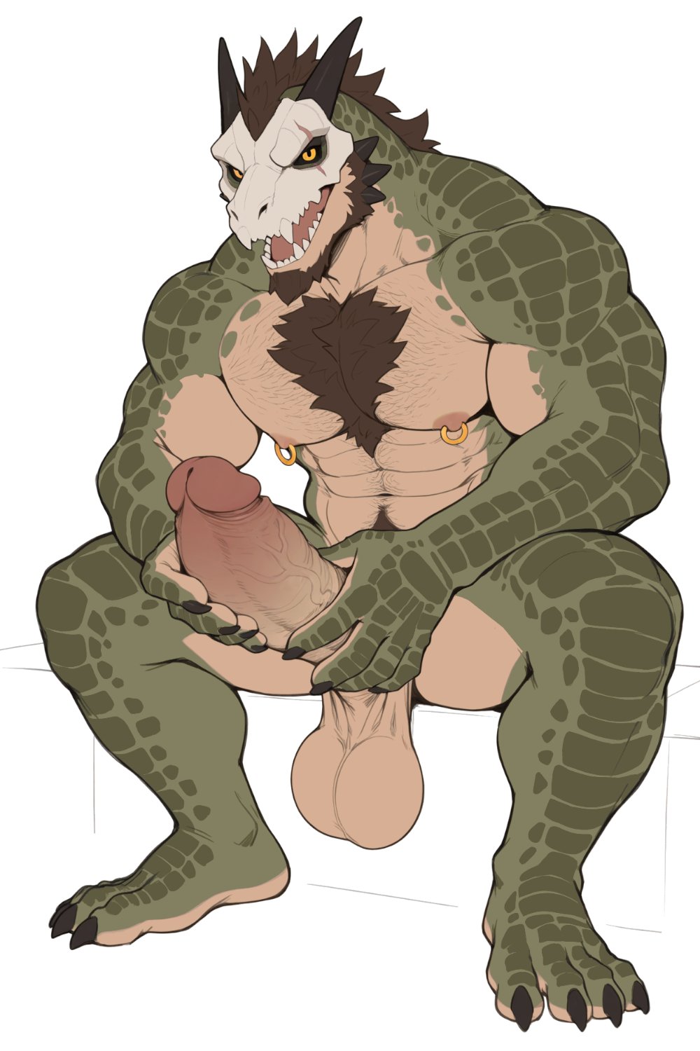 abs, ankou (ankouno), ankounope, anthro, balls, bara, barazoku, beard, biceps, big balls, big penis, bone mask, claws, crocodilian, dragon, hairy chest, humanoid genitalia, humanoid penis, male, male nipples, male only, male pubic hair, manly, mask, masked, masked male, muscular, muscular anthro, muscular male, nipples, nude, pecs, penis, reptile, scalie, yaoi