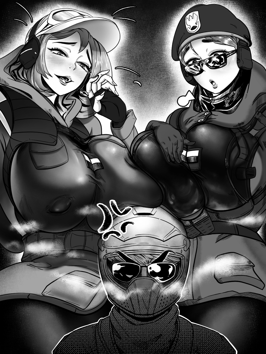 1boy, 2girls, baseball cap, beret, big breasts, black and white, blush, breasts, ela (rainbow six), female, goggles, heavy breathing, helmet, larger female, leon69, looking over eyewear, looking over glasses, male, mozzie (rainbow six), nipples visible through clothing, rainbow six, rainbow six siege, short hair, simple background, sisters, sunglasses, tinted eyewear, tom clancy, uniform, zofia (rainbow six)