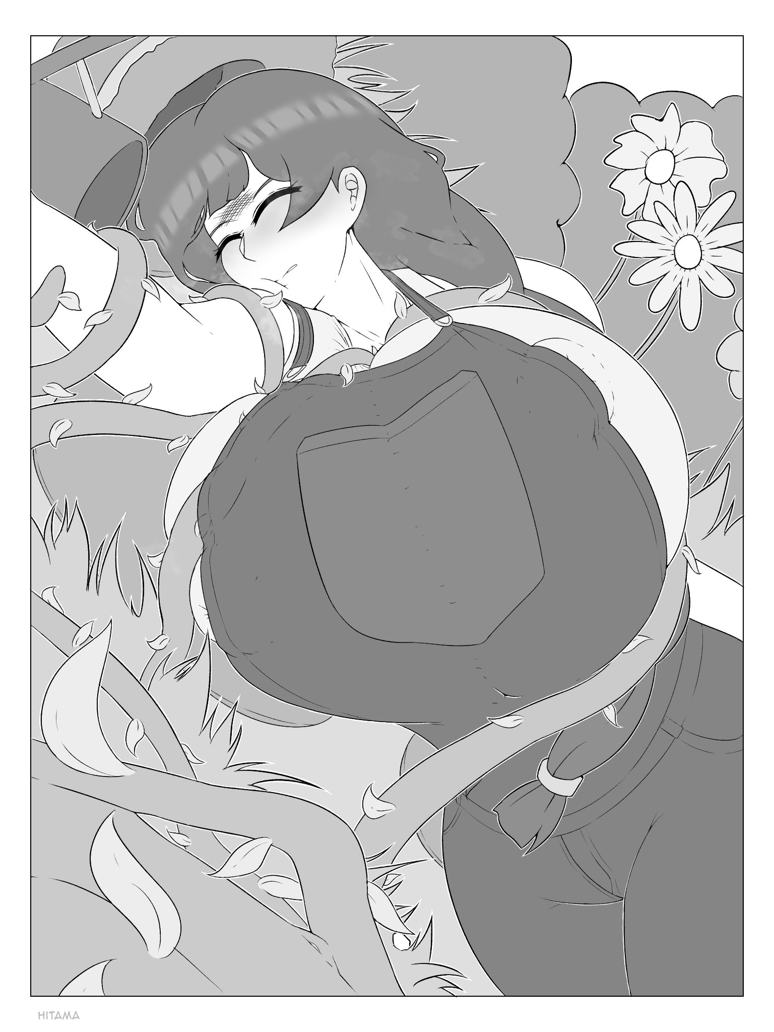 1girls, breast expansion, breasts, comic, farmgirl, female, gigantic breasts, hitama, molestation, nipple bulge, nipple slip, nipples, original, original character, plant, sleeping, somnophilia, tentacle, textless, vines