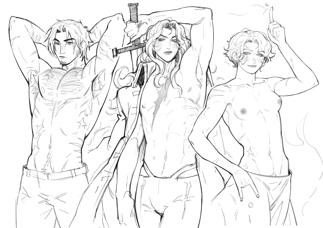 1girls, 2boys, altades, alucard (castlevania), armpit hair, arms behind head, bisexual, bisexual male, blonde hair, breasts, brown hair, canon couple, castlevania, castlevania (netflix), chest hair, cloak, curly hair, dhampir, eyebrows visible through hair, fangs, female, female pubic hair, goatee, greyscale, half-closed eyes, hand on hip, happy trail, husband and wife, long hair, looking at viewer, male, male pubic hair, married couple, monochrome, muscular, muscular male, nipples, orange hair, pubic hair, pubic hair peek, scar, scar on arm, scar on chest, scar on shoulder, scar on stomach, scars all over, shirtless, small breasts, smile, standing, sword, sypha belnades, toned, toned female, topless, trevor belmont, white background