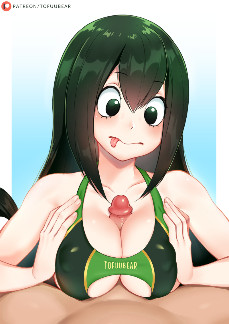 1boy 1girls big_breasts bimbo breasts busty cleavage erection female green_eyes green_hair higher_resolution_available huge_breasts large_breasts male my_hero_academia one-piece_swimsuit outercourse paizuri paizuri_under_clothes penis sex_with_bra_on straight swimsuit teenager tofuubear tsuyu_asui