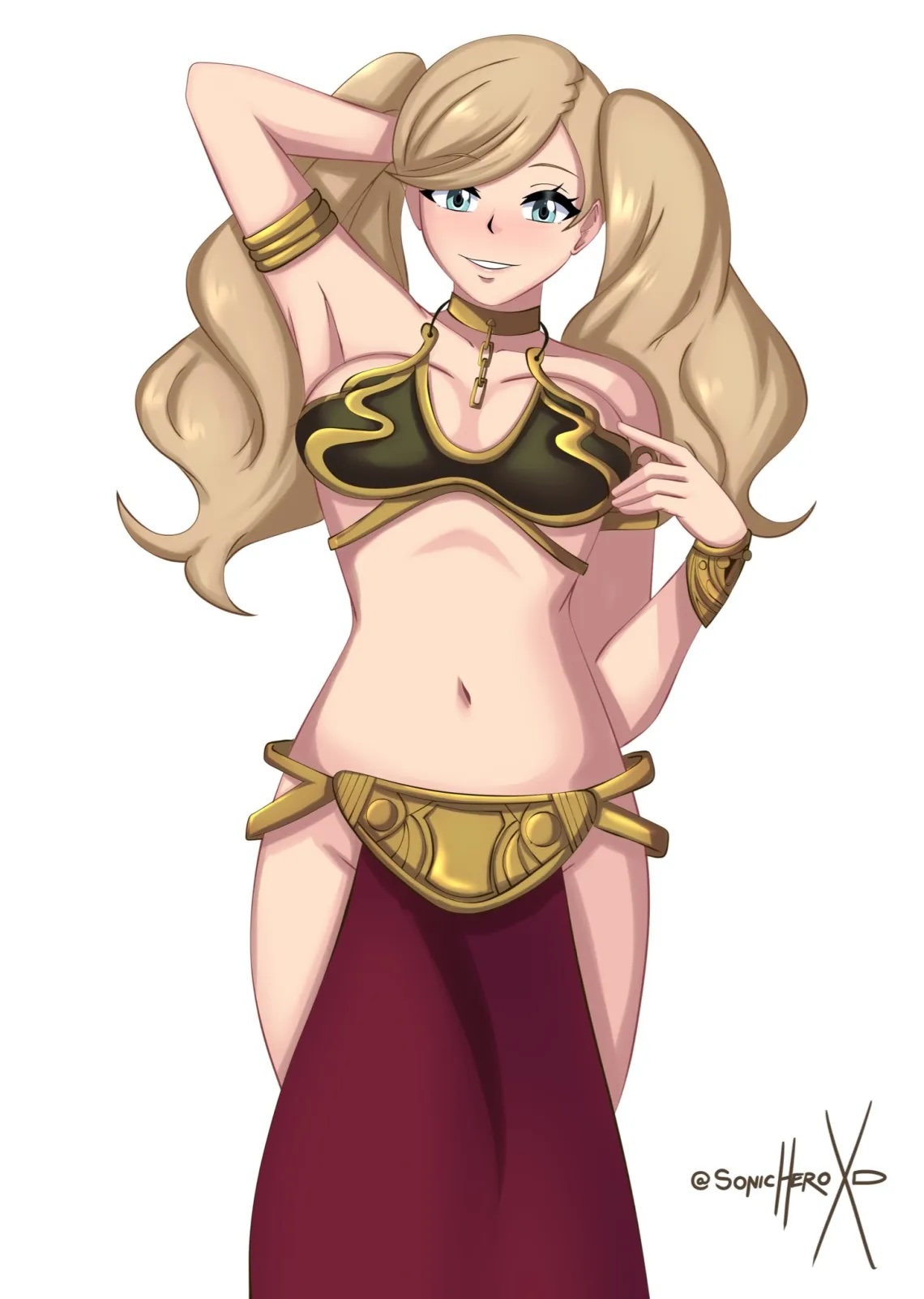 1girls, ann takamaki, belly dancer, belly dancer outfit, big breasts, blonde hair, blue eyes, bracelet, breasts, cleavage, cosplay, crossover, crossover cosplay, female, female only, harem girl, harem outfit, large breasts, loincloth, long hair, looking at viewer, megami tensei, metal bikini, persona, persona 5, second-party source, slave, slave bikini, slave collar, slave girl, slave leia (cosplay), slave outfit, sonicheroxd, star wars, twintails