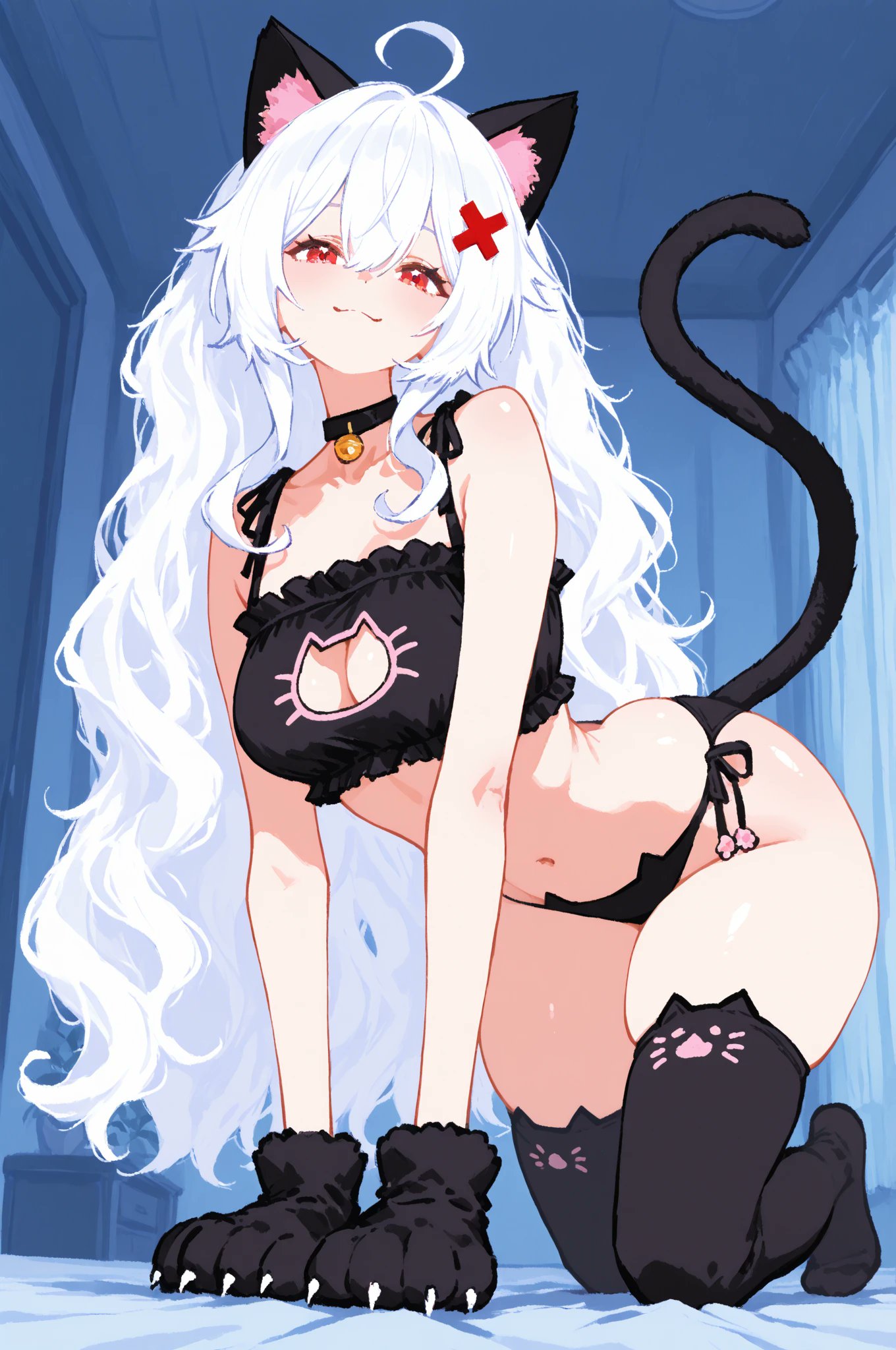 1girls, absurd res, ai generated, belladonna ck, busty female, cat ears, cat girl, cat lingerie, cat tail, erispheria, female, female focus, female only, hair ornament, legwear, looking at viewer, looking pleasured, red eyes, smile, smiling, smiling at viewer, twitch, virtual youtuber, vtuber, white hair, wide hips, x hair ornament, youtube, youtube hispanic