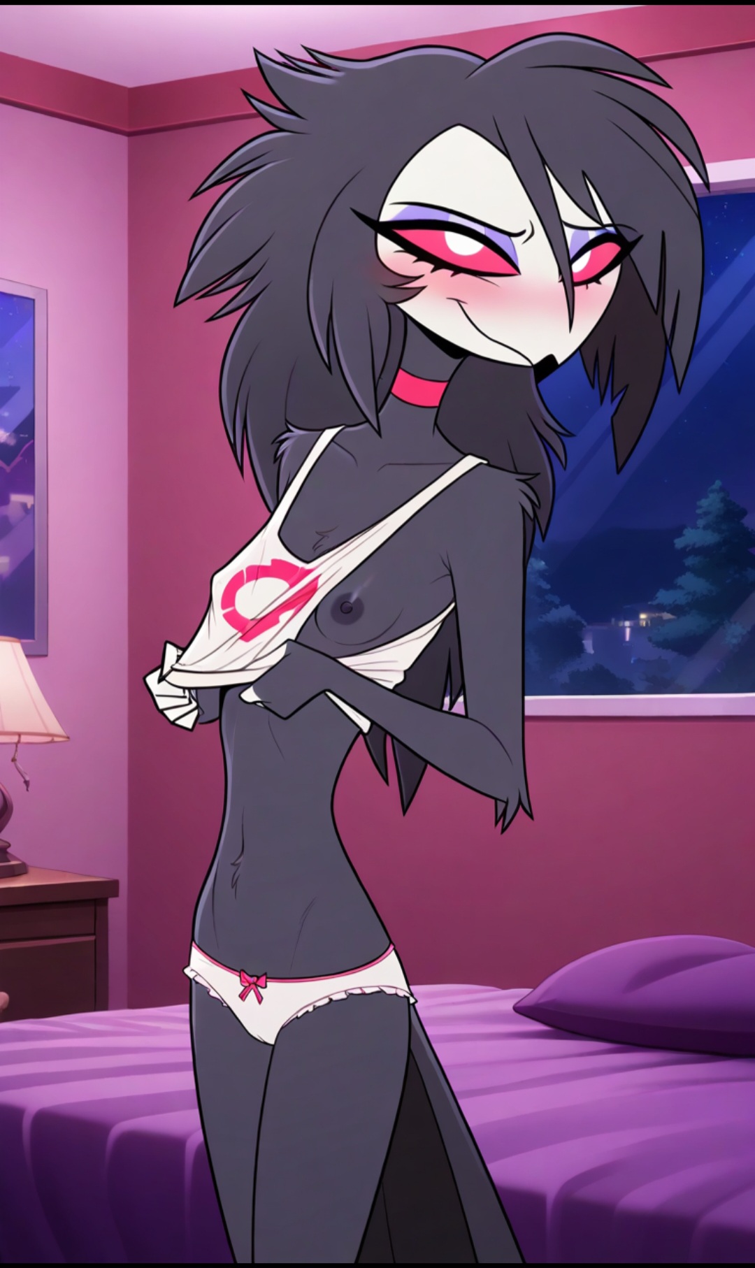 ai generated, anthro, beak, bedroom, bird, breasts, choker, dark hair, feathers, female, happy, helluva boss, midriff, nipples, octavia (helluva boss), panties, petite, red eyes, seductive, sexy, skinny, slim waist, small breasts, tank top, teasing, tugging, underwear, undressing