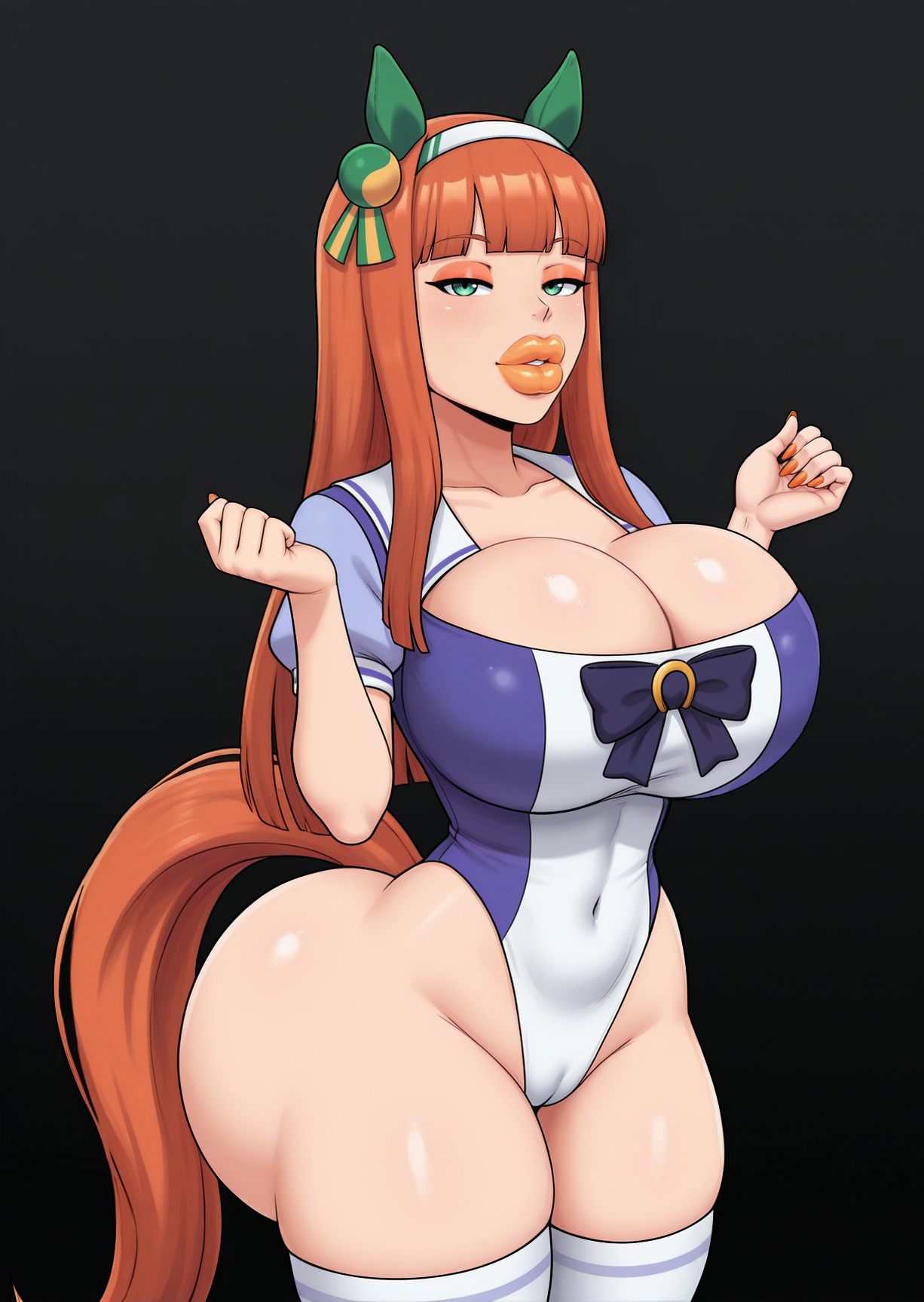1girls, adapted costume, ai assisted, ai generated, ass implants, big lips, bimbo, bimboports (ai), breast implants, breasts, bubble butt, eyeshadow, female, green eyes, huge ass, huge breasts, leotard, lipstick, long fingernails, looking at viewer, orange hair, self upload, silence suzuka (umamusume), test, thick lips, thick thighs, thighhighs, tracen school uniform, umamusume, umamusume pretty derby