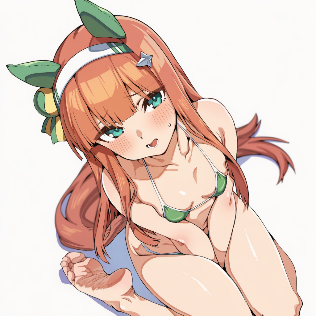 1girls, ai assisted, barefoot, bikini, cygames, feet, female, female only, green bikini, green eyes, horse ears, horse girl, light skin, light-skinned female, long hair, min min minorur, orange hair, silence suzuka (umamusume), small breasts, soles, toes, umamusume, umamusume pretty derby, white background