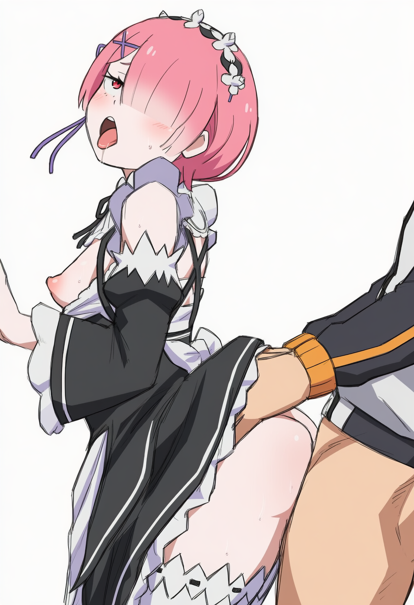 ahe gao, blushing at viewer, danv22s, doggy style, enjoying, female, female focus, furry female, large penis, maid headdress, maid uniform, male, moaning, moaning in pleasure, natsuki subaru, nipples, nude, nude female, penis, pink hair, pussy, ram (re:zero), re:zero kara hajimeru isekai seikatsu, sex, short hair, vagina, vaginal penetration, vaginal sex