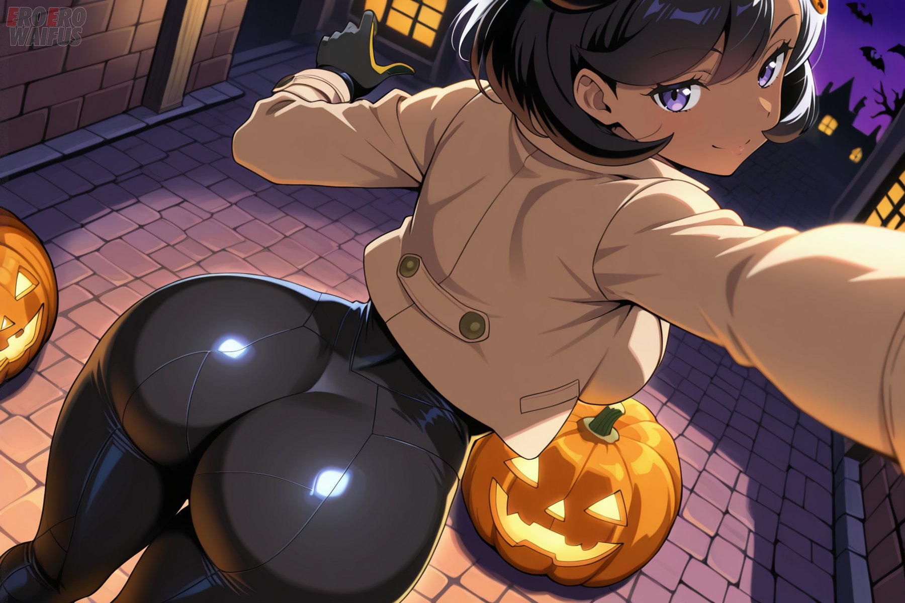 ai generated, back view, backboob, bare thighs, big ass, big breasts, big butt, black hair, bodysuit, breasts, coat, dark skin, dark-skinned female, emma (pokemon), eroero waifus, fat ass, female, game freak, gigantic ass, halloween, huge breasts, huge thighs, jacket, jpeg, looking back, massive ass, massive breasts, matiere (pokemon legends: z-a), matiere (pokemon), nintendo, pokemon, pokemon legends: z-a, pov hands, purple eyes, short hair, smiling, solo female, squatting, sweat, sweatdrop, thick body, thick female, thick thighs, thighs, voluptuous, voluptuous female