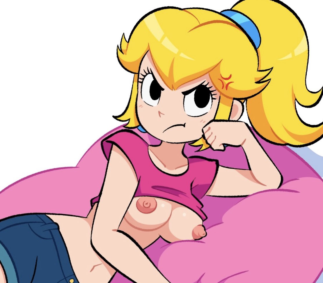 1girls, anger vein, angry, black eyes, blonde hair, breasts, breasts out, coach, dingitydingus, dummygoob, earrings, female, female only, horny female, human, looking at viewer, mario (series), navel, nintendo, nipples, ponytail, pout, princess peach, shorts, topless, white background