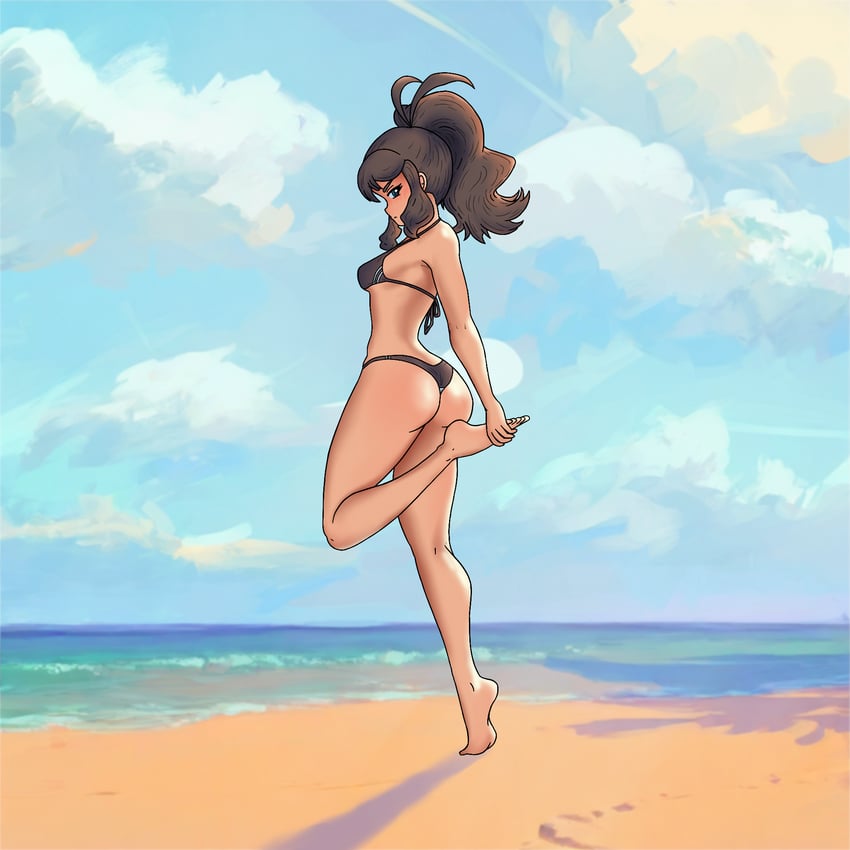 1girls, beach, big ass, big breasts, bikini, brown hair, feet, game freak, hilda (pokemon), nintendo, pokemon, pokemon bw, radicool332