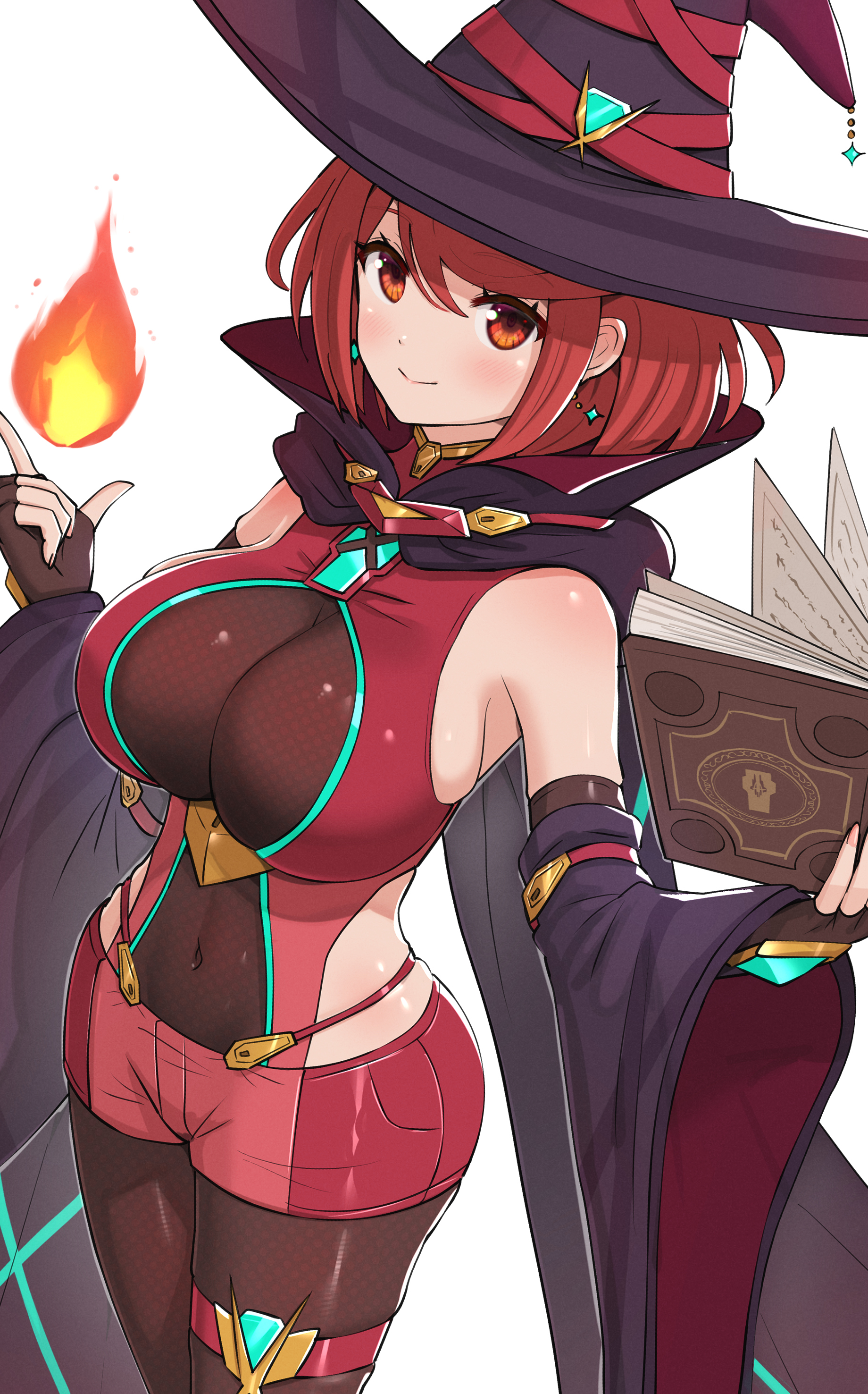 1girls, 2021, bangs, belly button, breasts, core crystal, earrings, female, female focus, female only, fire, gonzarez, halloween, hat, hi res, huge breasts, large hat, light blush, looking at viewer, magic, nintendo, pyra, red clothing, red eyes, red hair, sheer legwear, short hair, smile, spellbook, swept bangs, tight clothing, tight fit, tights, witch, witch costume, witch hat, xenoblade (series), xenoblade chronicles 2