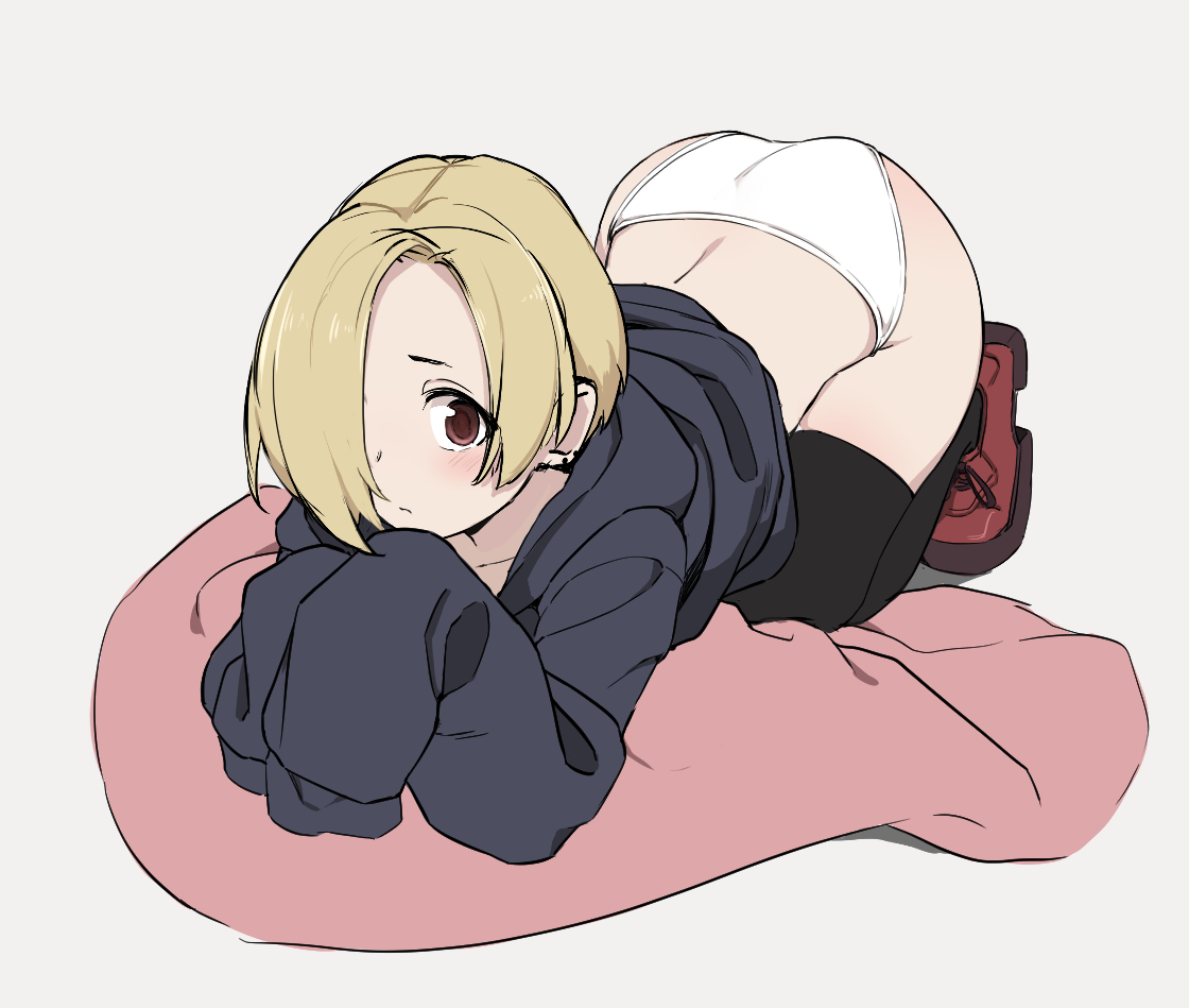 ass, black hoodie, black thighhighs, blonde hair, brown eyes, closed mouth, female, full body, grey background, hair over one eye, hood, hoodie, idolmaster, idolmaster cinderella girls, kachobi (user atuh5854), long sleeves, looking at viewer, no pants, panties, shirasaka koume, simple background, sleeves past fingers, sleeves past wrists, solo, thighhighs, underwear, white panties