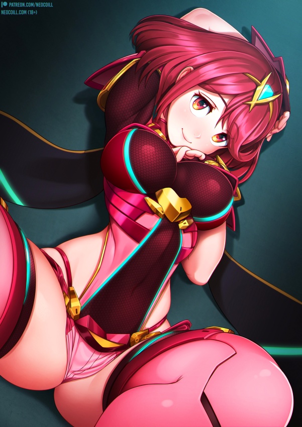 1girls, big breasts, breasts, female, female only, human, looking at viewer, neocoill, nintendo, pyra, red eyes, red hair, smile, smiling, solo, xenoblade (series), xenoblade chronicles 2