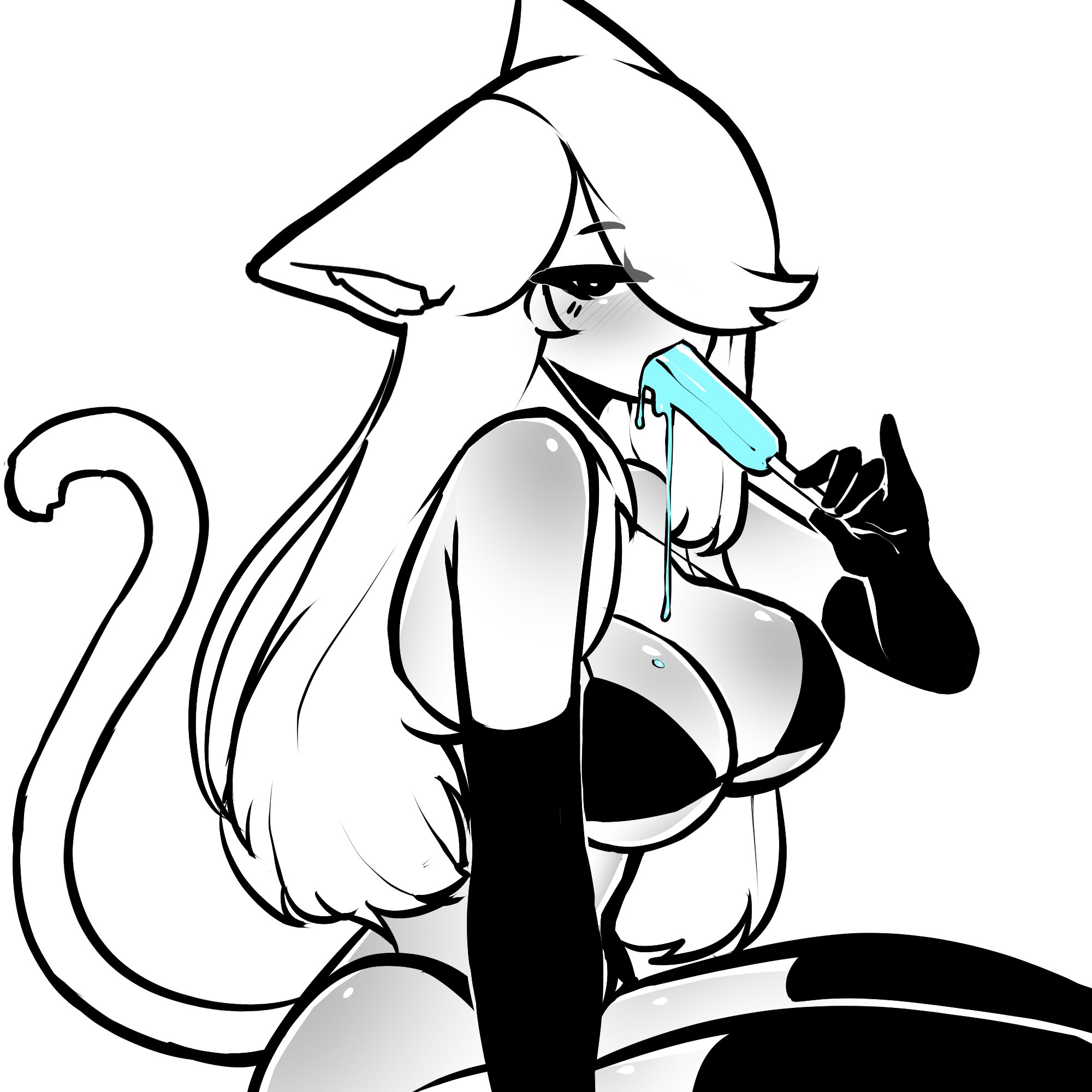 1girls, 2025, animal ears, bikini, black bikini, black eyes, blush, breasts, cat ears, cat tail, catgirl, cleavage, elbow gloves, facial markings, female, gloves, hair over one eye, long hair, looking at viewer, messy, oc, original, original character, pinky out, popsicle, popsicle in mouth, popsicle melting, sitting, tagme, tail, tekona, thighhighs, thighs, white hair