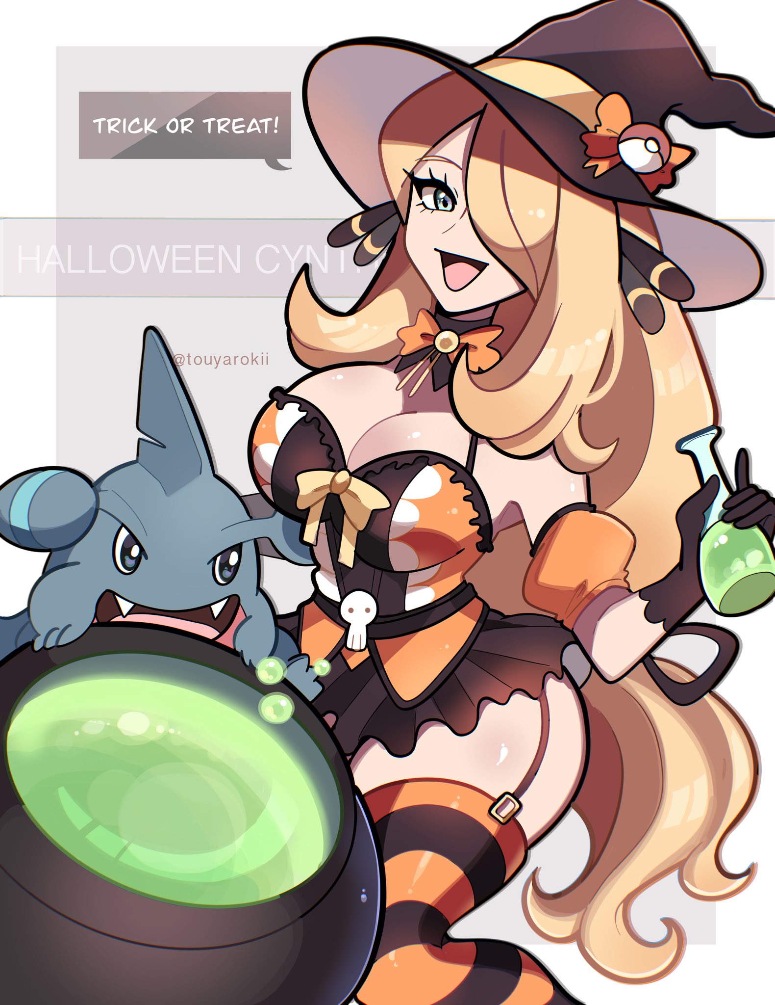 1girls, breasts, cynthia (pokemon), female, female focus, gible, halloween, large breasts, light skin, light-skinned female, looking at viewer, pokemon, potion, skirt, thick thighs, thighs, touyarokii, wide hips, witch, witch hat