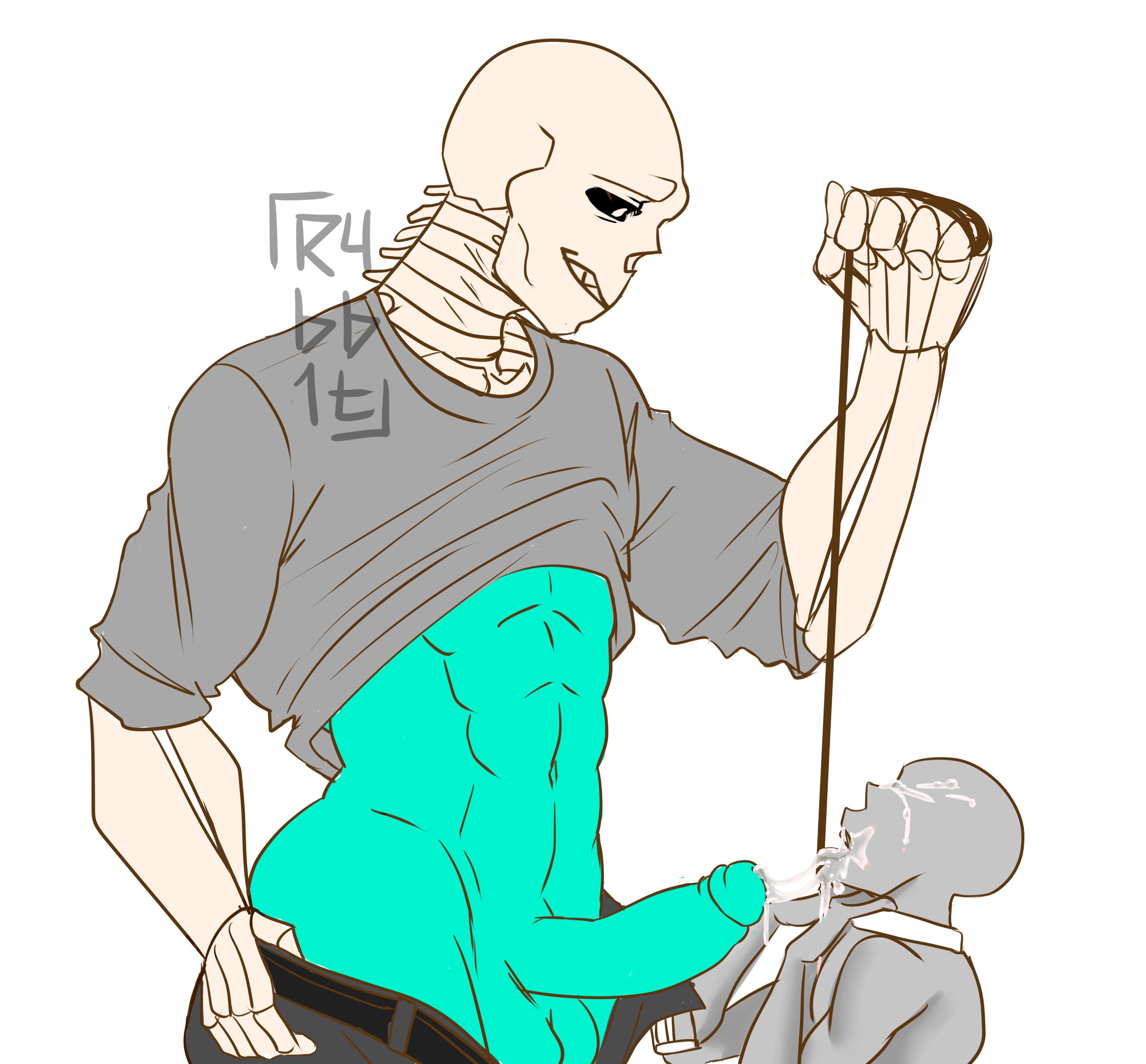 2boys, anon, balls, big penis, blue body, blue skin, bones, cum, cum in mouth, cum on face, cumming, cumshot, cumshot in mouth, cumshot into mouth, cyan body, cyan skin, domination, gay, gay sex, ghost, grey shirt, huge cock, itsr4bb1t, leash, male, male domination, male focus, male only, muscles, muscular, muscular male, original character, penis, plain background, rope, rope around neck, rope bondage, sans, sex, skeleton, testicles, undertale, undertale (series), undertale fanfiction, white background, yaoi