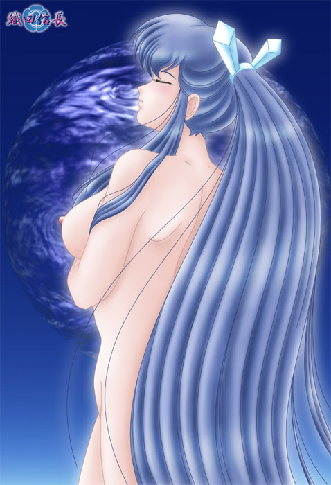 1girls 2001 blue_hair blush breasts closed_eyes curvaceous female ice large_breasts light-skinned_female light_skin long_hair nipples nude oyuki ponytail princess solo standing tengafub urusei_yatsura very_long_hair yuki_onna