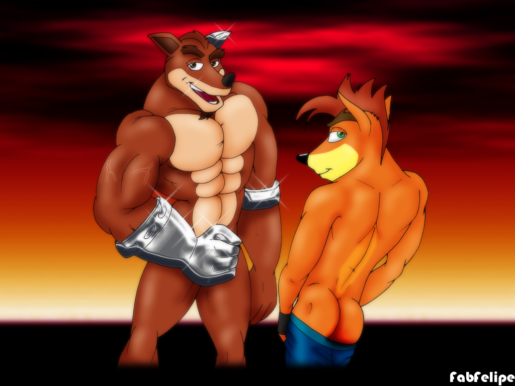 00s 2007 2boys abs anthro ass bandicoot bara black_fingerless_gloves black_gloves black_nose blue_shorts brothers brown_eyebrows brown_eyes brown_fur brown_hair butt chin_beard crash_(series) crash_bandicoot crash_bandicoot_(series) crunch_bandicoot fabfelipe fingerless_gloves fur furry furry_only gay gloves green_eyes male male_focus male_only marsupial mooning muscular muscular_arms muscular_ass muscular_back muscular_legs muscular_male open_mouth orange_fur pose posing robotic_arm shorts shorts_down sunset tan_fur teeth teeth_visible video_games yaoi