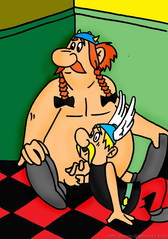 2boys asterix asterix_and_obelix blonde_hair braided_hair clothed_on_nude cmnm erection erection_under_clothes fat_man gay holding_penis horned_helmet looking_to_the_side male_only mustache naked_with_shoes_on obelix orange_hair tagme winged_helmet