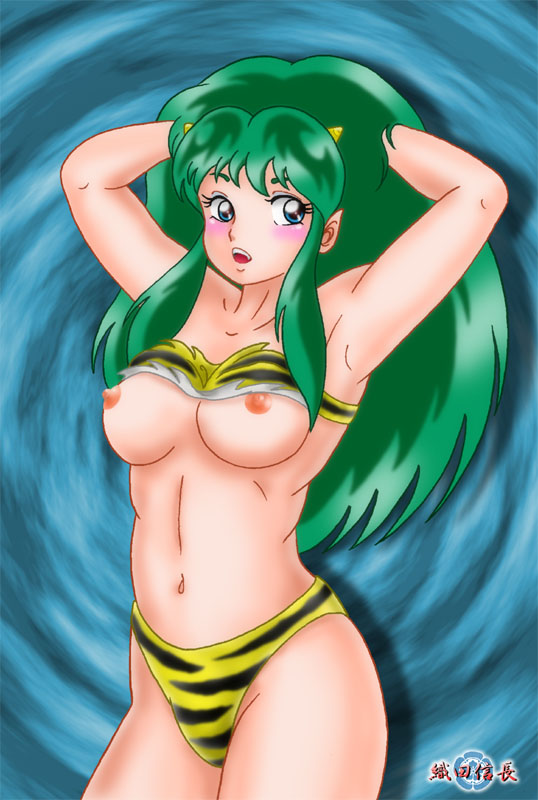 1girls 2000 bikini blue_eyes blush breasts fangs female green_hair horns humanoid large_breasts light-skinned_female light_skin long_hair looking_at_viewer lum nipples oni pointy_ears princess solo tagme tengafub tiger_print urusei_yatsura