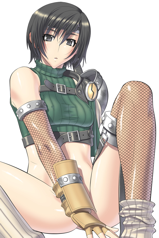 armor bare_shoulders beige_skin black_hair bottomless clothes color covering covering_crotch female female_only final_fantasy final_fantasy_vii fishnets footwear front_view gloves hair headband human kansuke looking_at_viewer loose_socks ninja open_eyes short_hair sitting sleeveless sleeveless_turtleneck socks solo spread_legs straight_hair strap straps thighhighs turtleneck white_background white_socks yuffie_kisaragi