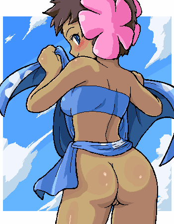 1girls, armpits, ass, back, bandeau, bare shoulders, blue eyes, blush, bottomless, breasts, brown hair, clothes, clouds, dark skin, dark-skinned female, day, elite four, female, female only, flower, hair ornament, human, human only, konpeto, looking back, nintendo, outdoors, phoebe (pokemon), pokemon, pokemon rse, pussy, short hair, skin tight, skirt, skirt lift, sky, smile, solo, tank top, tubetop