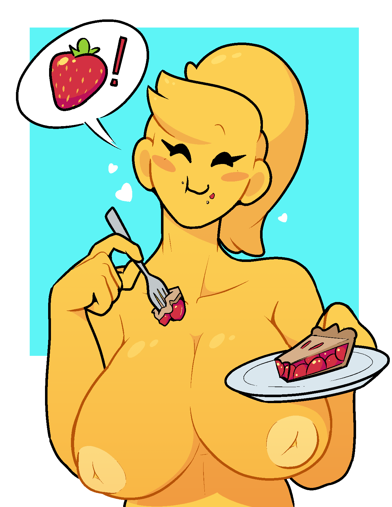 !, 1girls, areolae, big breasts, black eyes, blush, breasts, dabble, eating, eyelashes, female, female only, fork, heart, holding, huge breasts, humanoid, inverted nipples, long hair, nipples, nude, original character, pie, plate, ponytail, simple background, smile, strawberry, toony (dabbledraws), topless, white background, white border, yellow hair, yellow skin
