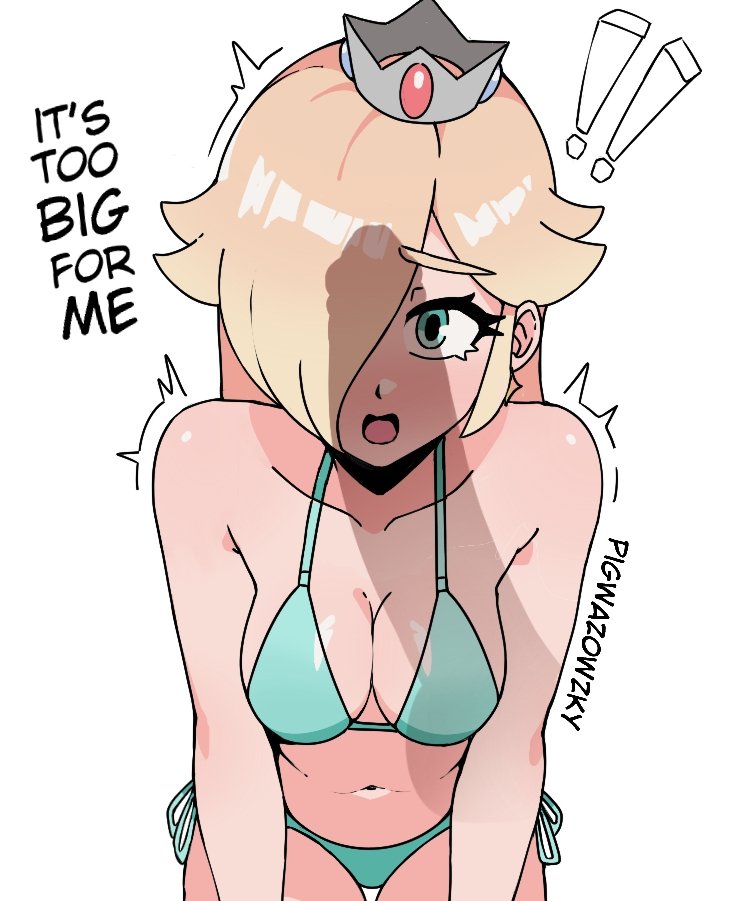 big breasts, big penis, big thighs, big titties, bikini, blue eyes, breasts, curvaceous, curvaceous female, curvaceous figure, curvy, curvy figure, curvy hips, cyan eyes, female, female focus, female only, large breasts, long hair, male, mario (series), penis, penis awe, penis shadow, pigwazowzky, princess rosalina, super mario bros., text, too big, too big (phrase), yellow hair