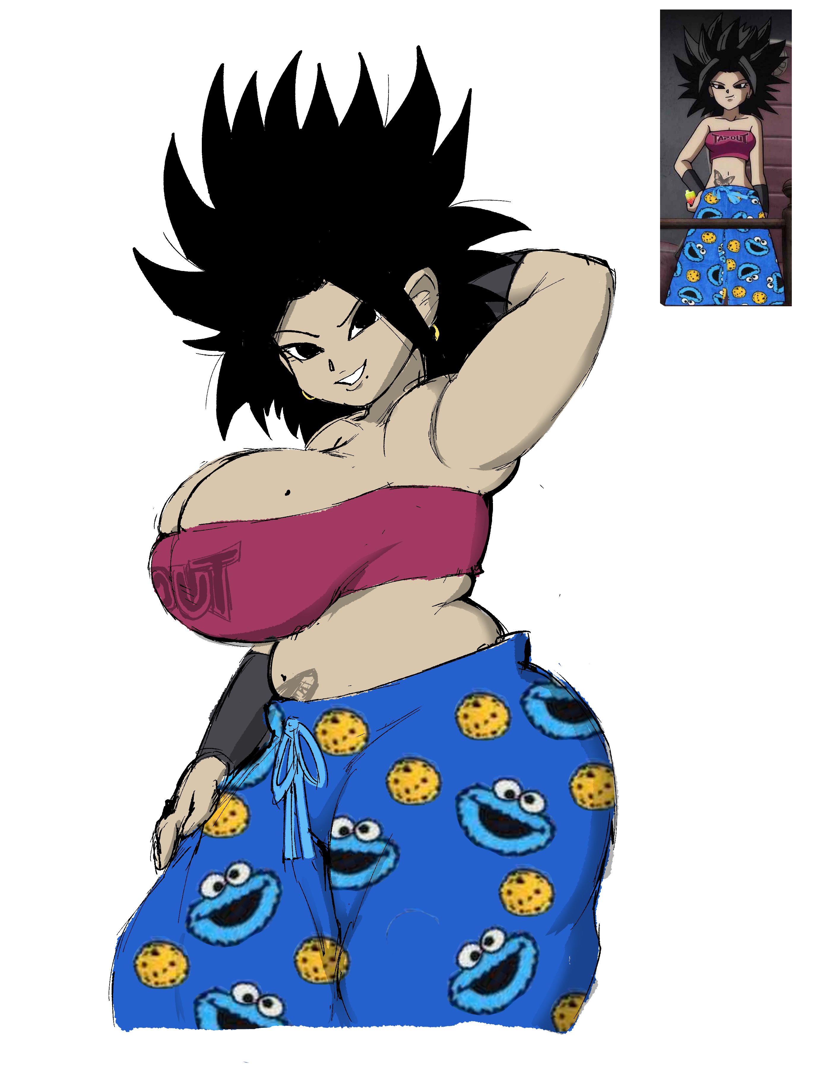 2d, 2d (artwork), black hair, blue pants, breasts, caulifla, chubby female, cookie monster, cookie monster pajama pants, dragon ball, dragon ball super, female, ferretidk, fisherneph, huge breasts, ivovvovi, pajamas, solo, tagme, tattoo, thick, voluptuous, weirdduelist