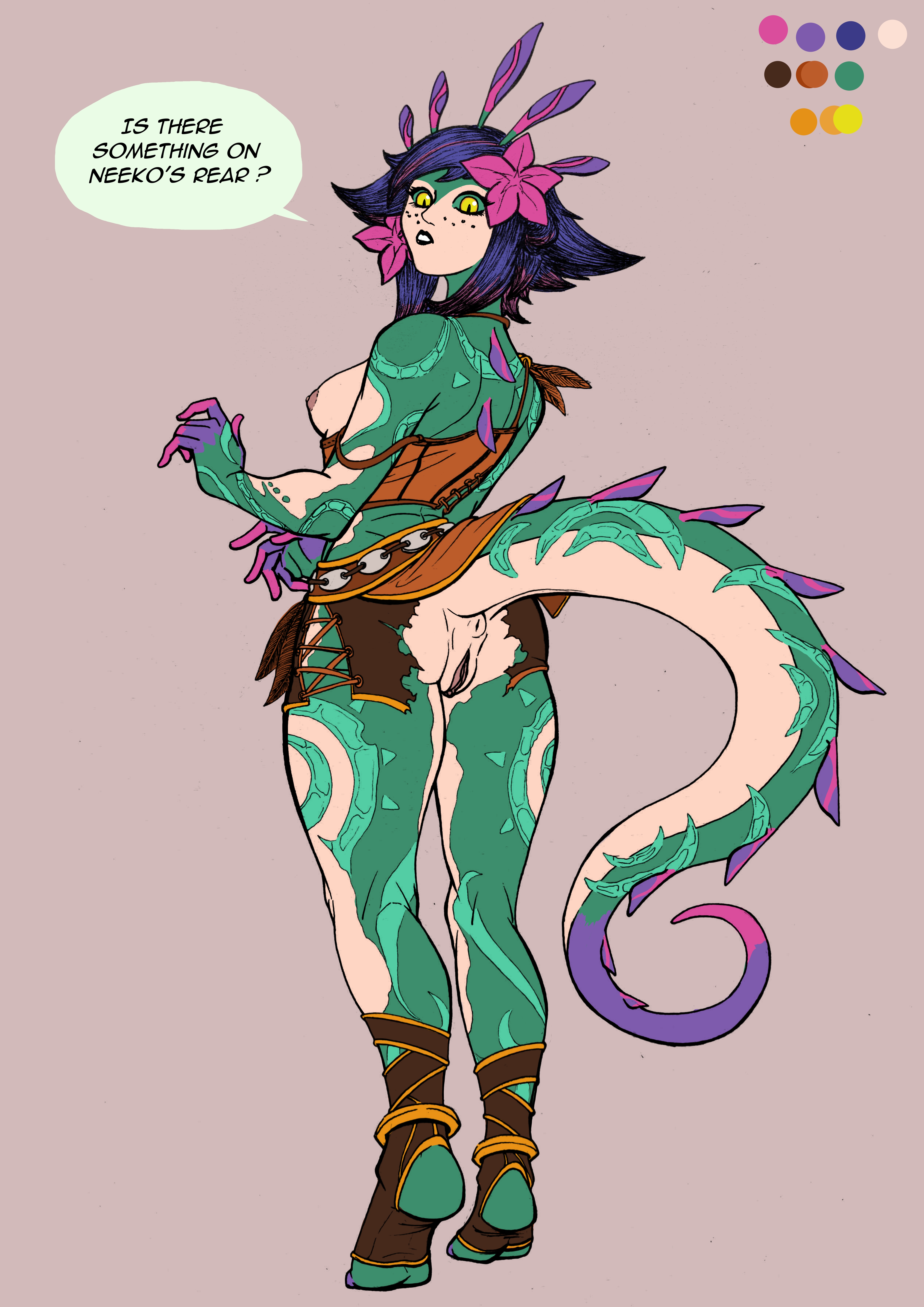 2d, 2d (artwork), anus, ass, ass focus, breasts, english text, exposed breasts, exposed pussy, female, functionally nude, league of legends, lizard girl, looking at viewer, looking back, neeko, no ai, presenting hindquarters, pussy, riot games, ripped clothing, small breasts, solo female, tail, text bubble, thick thighs, torn clothes