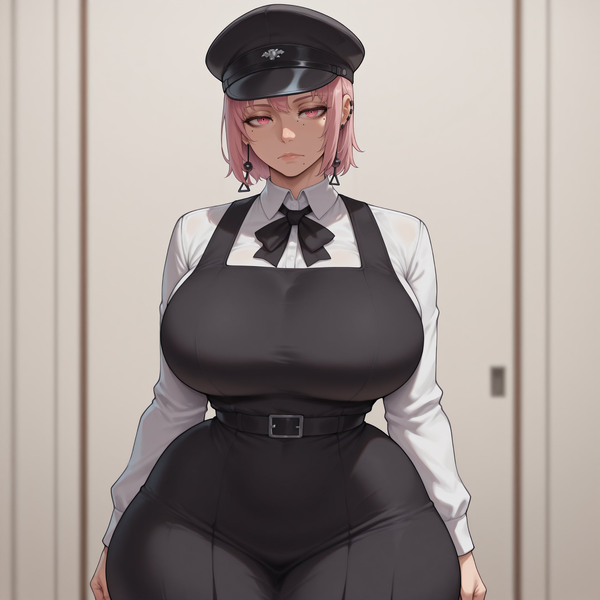 ai generated, bare thighs, breasts, chainsaw man, death devil (chainsaw man), demon, demon girl, female, gigantic breasts, huge breasts, huge thighs, light skin, light-skinned female, looking at viewer, massive breasts, military hat, pink eyes, pink hair, school uniform, schoolgirl, short hair, smogai, solo female, squatting, sweat, sweatdrop, thick body, thick female, thick thighs, thighs, thighs bigger than head, voluptuous, voluptuous female