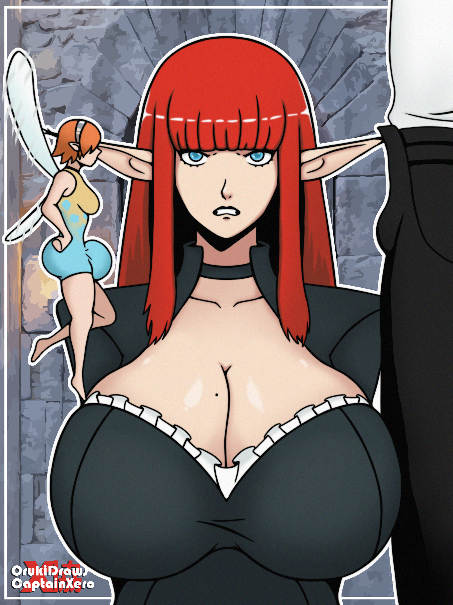 1boy, 1futa, 1girls, big breasts, blue eyes, breasts, bulge, captainxero, cleavage, clothed, clothing, cucked by futa, eiselin hulkenberg, elf ears, female, female focus, futa is bigger, futanari, gallica, huge breasts, intersex, larger male, male, metaphor: refantazio, minifuta, orukidraws, penis, red hair, size difference, small but hung, small penis, small penis humiliation, smaller futa, will (metaphor: refantazio)