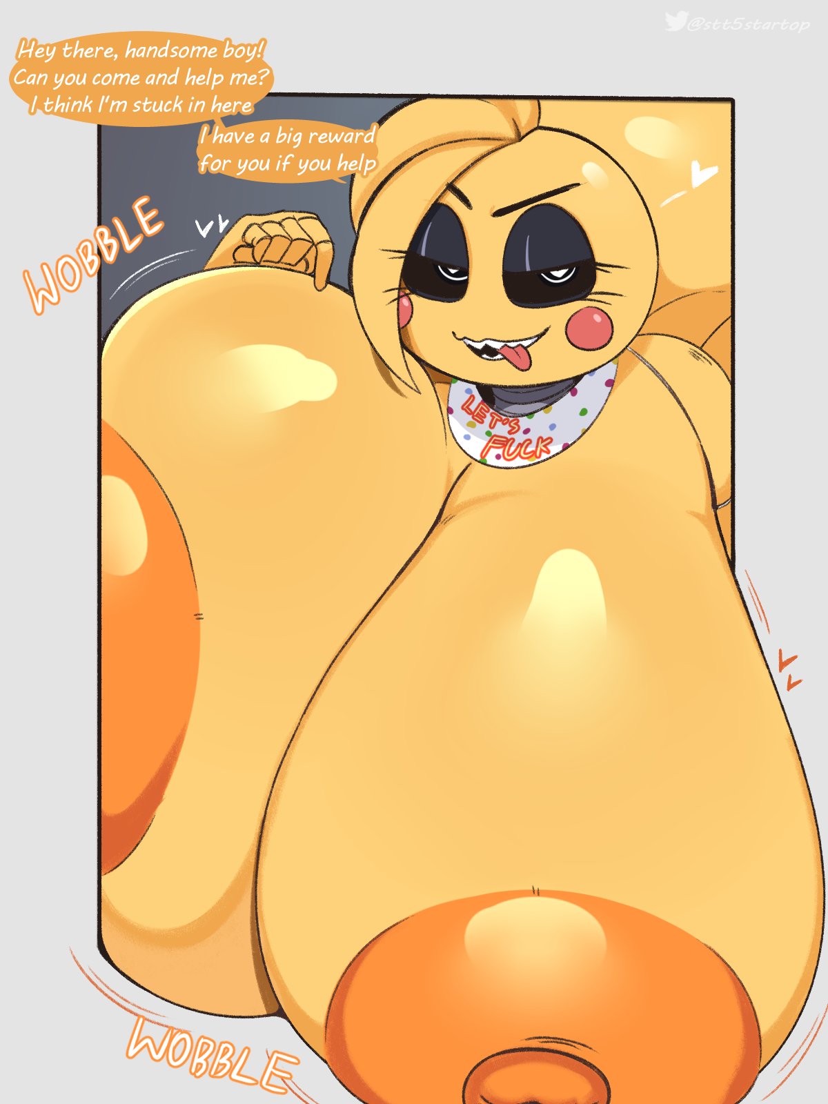 1girls, animatronic, areola, areolae, ass, ass bigger than head, bib, big ass, black sclera, breasts, breasts bigger than head, breasts out, english text, excited, eyelashes, female, female only, five nights at freddy's, five nights at freddy's 2, heart symbol, horny, hyper ass, hyper breasts, inviting, inviting to sex, large ass, large breasts, looking at viewer, naked, nipples, nude, robot, robot girl, scottgames, solo, startop, stuck, tagme, talking to viewer, teasing, text, tits, tongue, toy chica (fnaf), watermark, wobbling breasts, yellow body, yellow hair