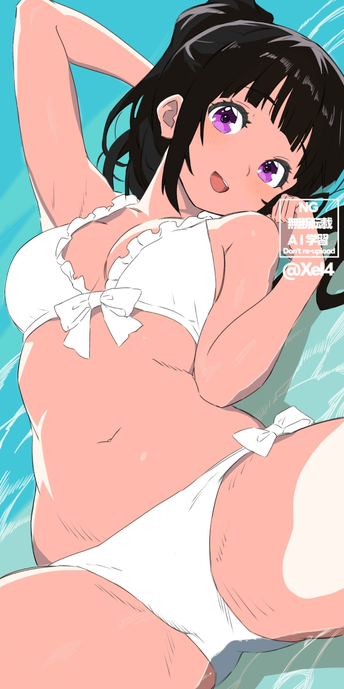 1girls, artist name, bikini ribbon, black hair, breasts, chitanda eru, female, hyouka, looking at viewer, medium breasts, purple eyes, spread legs, white bikini, white bikini bottom, white bikini top, xel4