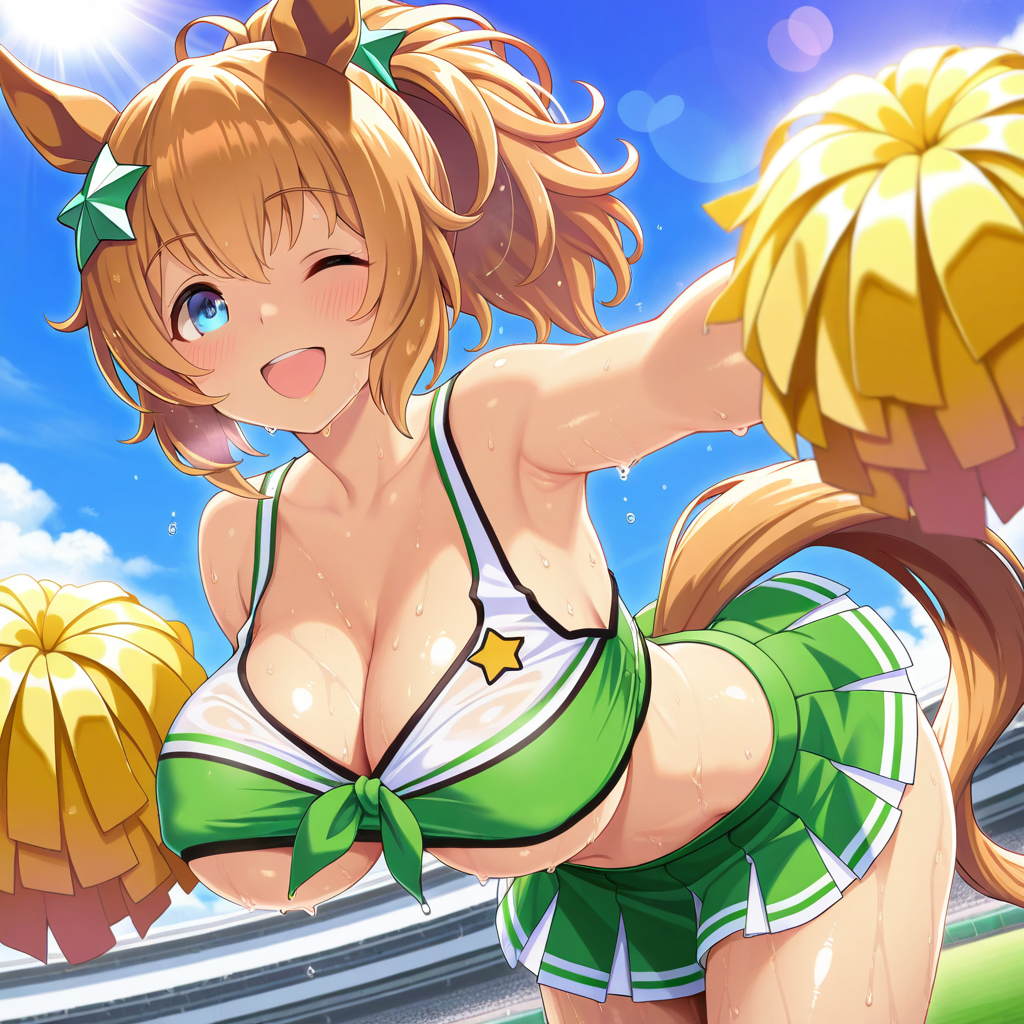 ai generated, animal ears, big breasts, blue eyes, breasts, cheerleader uniform, female, hair accessory, horse girl, light brown hair, looking at viewer, ponytail, taiki shuttle (umamusume), umamusume, umamusume pretty derby