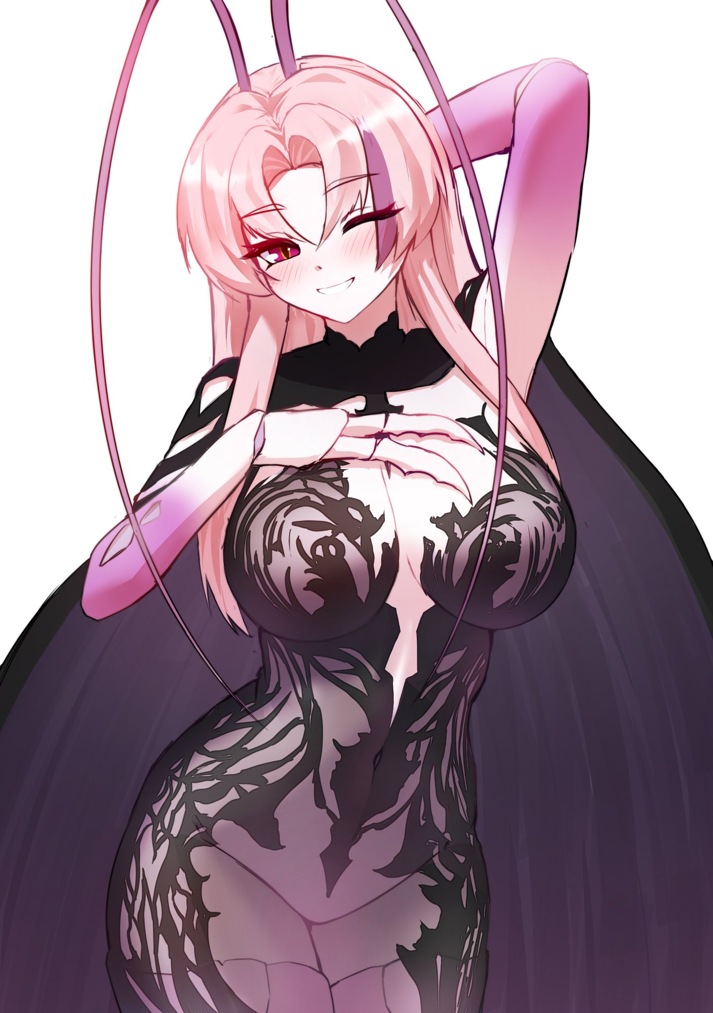1girls, antennae (anatomy), armpit, breasts, bug girl, cgator, chronopattern dress, cockroach girl, dress, female, female only, huge breasts, indie virtual youtuber, insect girl, light skin, light-skinned female, matara kan, meme attire, pink hair, red eye, simple background, solo, virtual youtuber, white background, wink